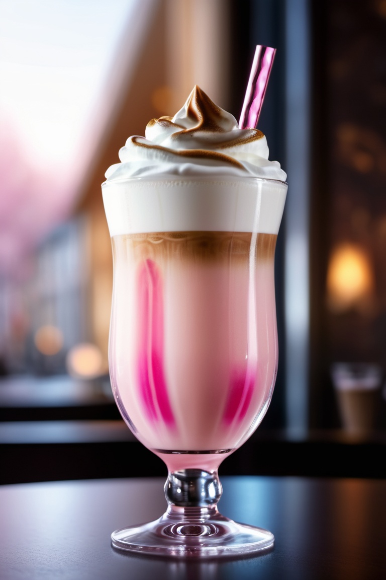 a magical fairy latte,  in a transparent pink-tinted glass,  high quality on Tensor.Art