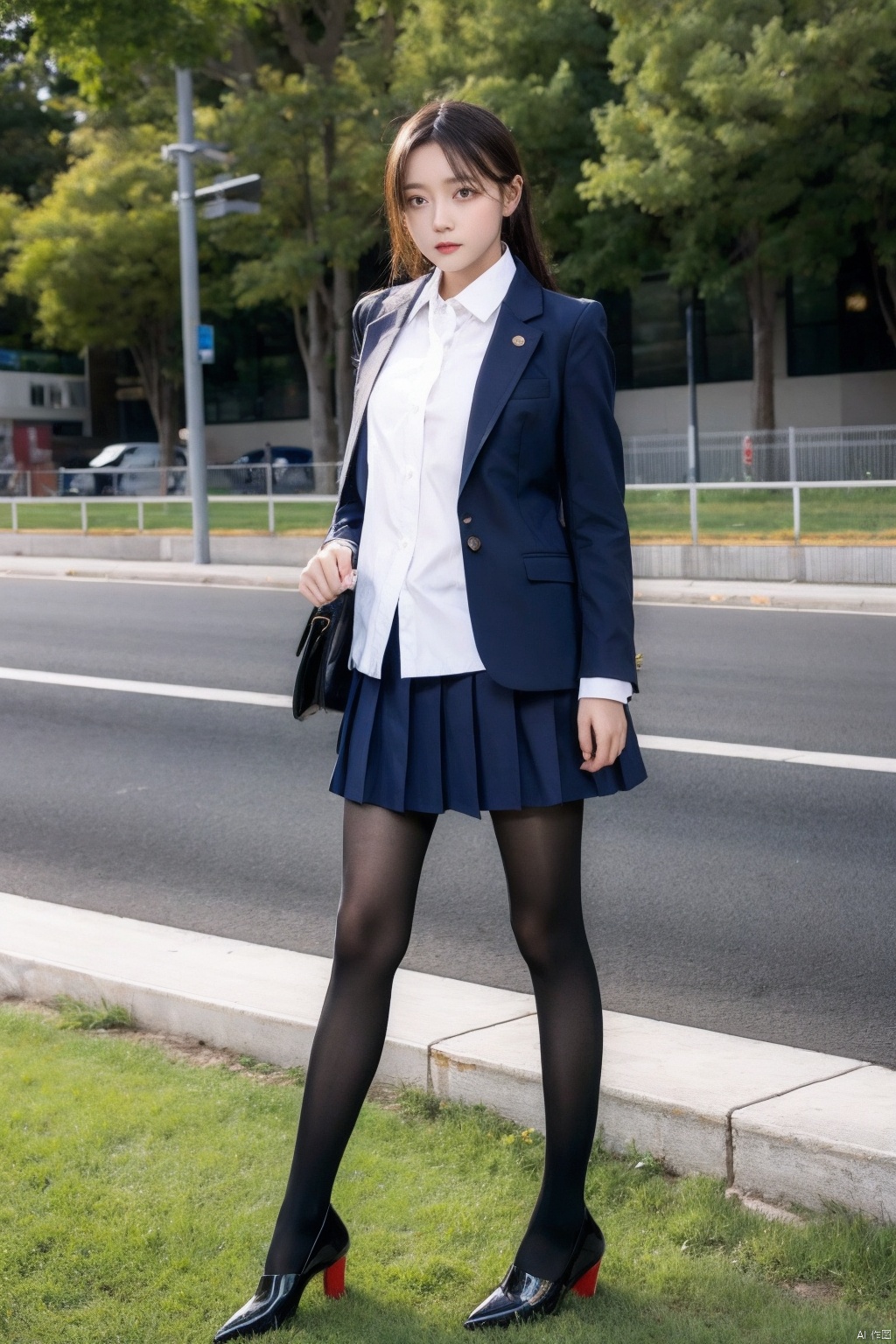  1girl,xtt, school uniform,jacket,high heels,good proportions, shapely body,good limbs,full body,outdoors