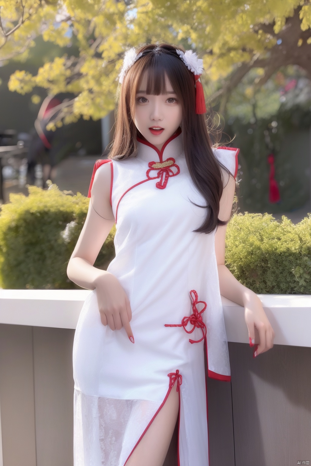  1girl,1girl named aki,long wavy hair,red lips,close mouth, look at viewer,half body,baisiqipao,dress,chinese dress, 