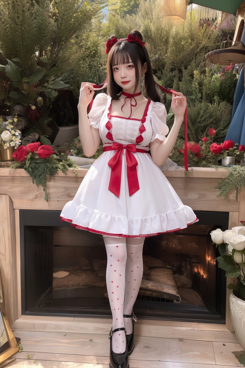  (yuandanhetu:1.5),good anatomy, good proportions, shapely body,1girl,1girl named aki, dress, thighhighs, solo, standing, black hair, flower, rose, black footwear, bow, red bow, outdoors, red flower, long hair, holding, red rose, bangs, red dress, short sleeves, looking at viewer, hair bow, lamp, candlestand, white thighhighs, doll, red lips, choker, white flower, high heels, shoes, jewelry, skull, lolita fashion, shelf, realistic, painting \(object\),vase, frills, white rose, full body, open book, blunt bangs, lace trim, bookshelf, double bun, print legwear, earrings, candle,red nails, lace, red ribbon, ribbon, loaded interior, nail polish, hair bun, cage, parted lips, apron, plant, puffy short sleeves, twintails, stuffed toy, lace-trimmed legwear, smile, puffy sleeves, picture frame, collarbone, breasts, makeup, lipstick, heart, frilled dress, mary janes, white apron, lace-trimmed dress, hair ornament, neck ribbon, closed mouth, floral print, halo, cabinet, hat, potted plant, footwear bow, fireplace, print dress, pink bow, hands up,