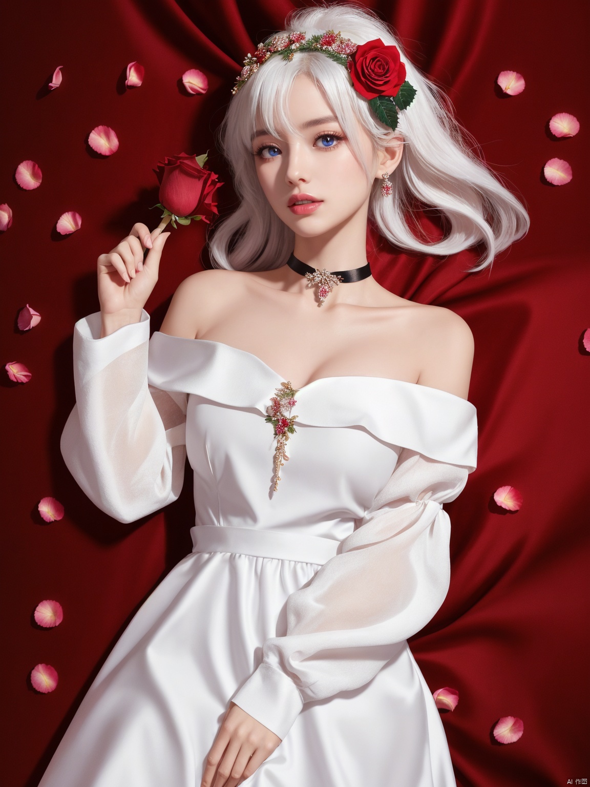  1girl, solo, red flower, flower, blue eyes, long hair, holding flower, holding, rose, dress, petals, hair ornament, red rose, lying, long sleeves, white hair, on back, white dress, looking at viewer, choker, parted lips, bare shoulders, blush, bangs, off shoulder, black choker, hair flower, off-shoulder dress, very long hair, collarbone, puffy long sleeves, puffy sleeves, rose petals, hair between eyes,eyesseye, dofas, crystal, yunbin, qianjin, christmas