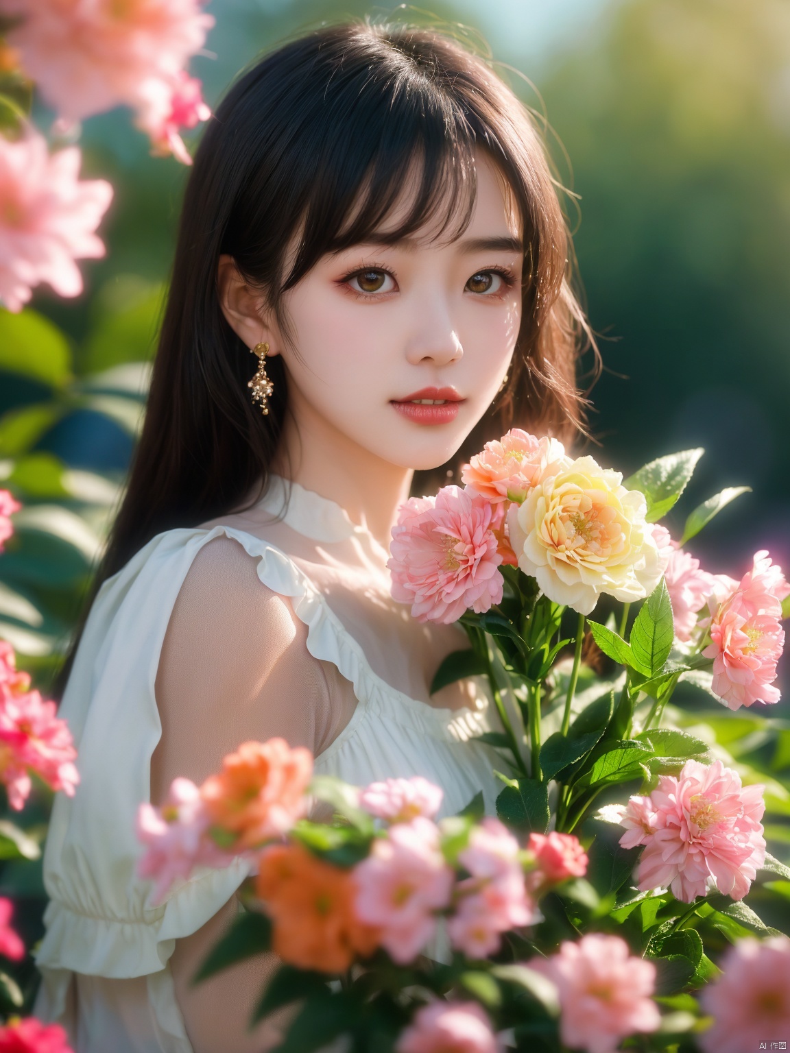  1girl,yuzu,qingsha,medium shot,solo,emotional_face,flower dress,flower armor,looking_at_viewer,green_theme,colorful blooming flowers,forming a dreamlike world,flower_garden,flowers everywhere,greens,pinks,bokeh,cinematic,exposure blend,(teal and orange:0.85),(muted_colors, dim_colors, soothing_tones:1.3),high contrast,low saturation,(Canon RF 85mm f/1.2L),tifa,huolinger,glint sparkle,pantyhose,xinniang,eyesseye,21yo girl,ajkds,yunbin,