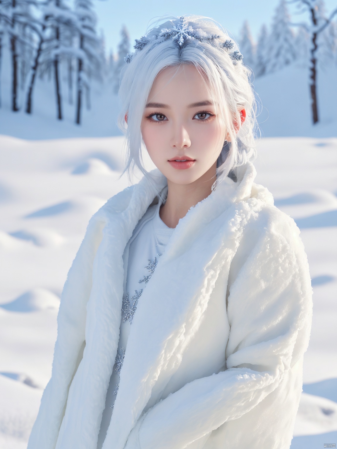  Illustrate a girl with the power of ice,featuring ice-white hair and clothing,set in a snowy landscape. Emphasize (((intricate details))),(((highest quality))),(((extreme detail quality))),and a (((captivating winter composition))). Use a palette of cool blues and whites,drawing inspiration from artists like Artgerm,Sakimichan,and Stanley Lau,midjourney,