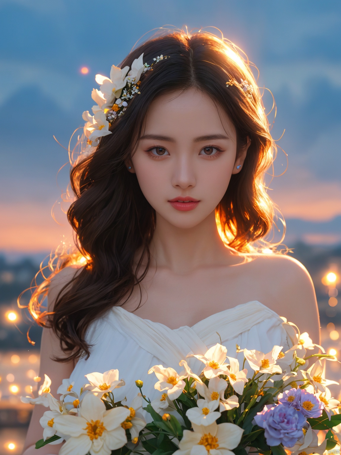  DSLR, (Good structure), HDR, UHD, 8K, A real person, Highly detailed, best quality, masterpiece, 1girl, realistic, Highly detailed, (EOS R8, 50mm, F1.2, 8K, RAW photo:1.2), ultra realistic 8k, ,huaxianzi, flowers, wangyushan, wangyushan, Nebula