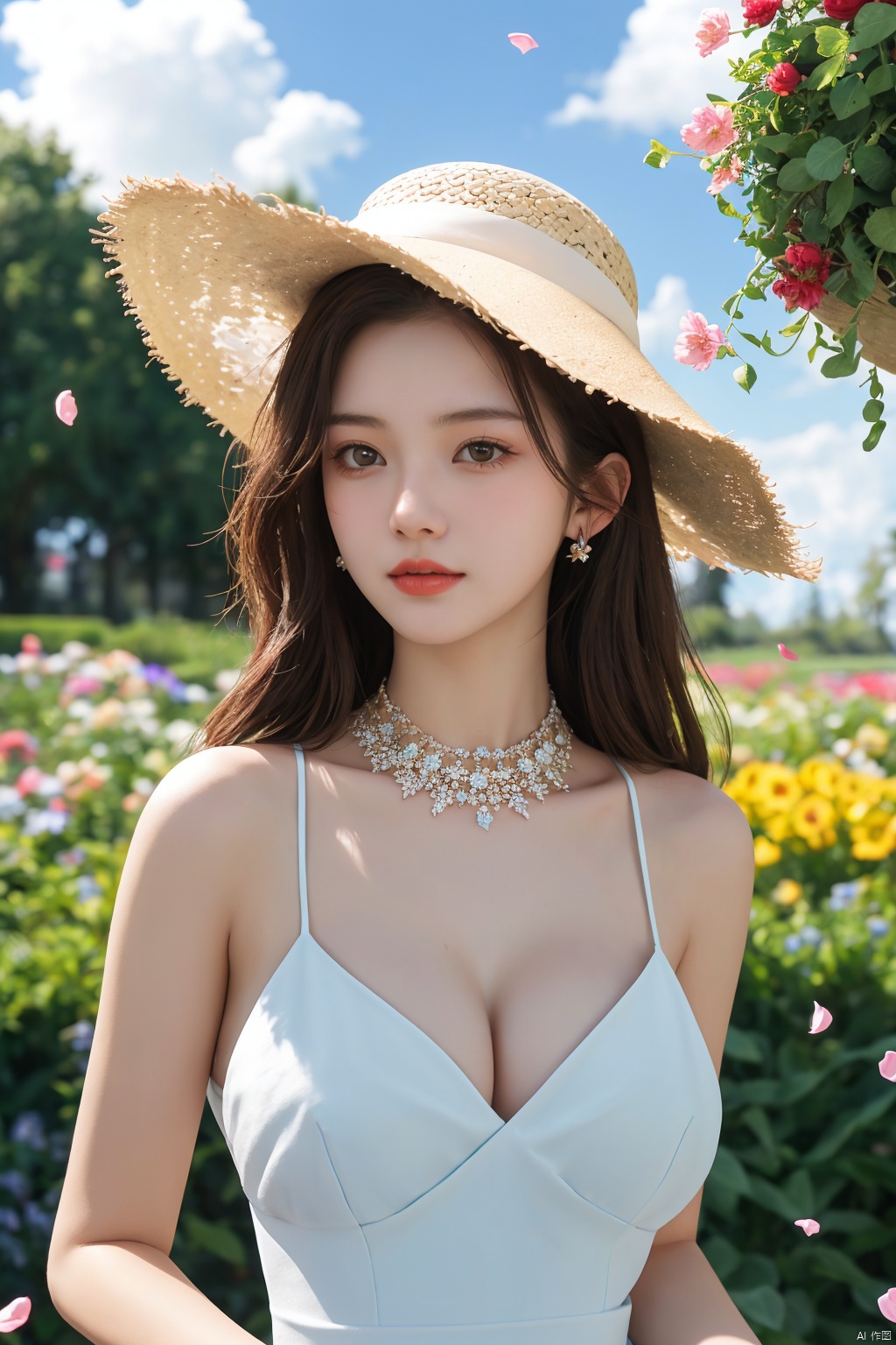 masterpiece, 1 girl, 18 years old, Look at me, long_hair, straw_hat, Wreath, petals, Big breasts, Light blue sky, Clouds, hat_flower, jewelry, Stand, outdoors, Garden, falling_petals, White dress, ajkds, textured skin, super detail, best quality