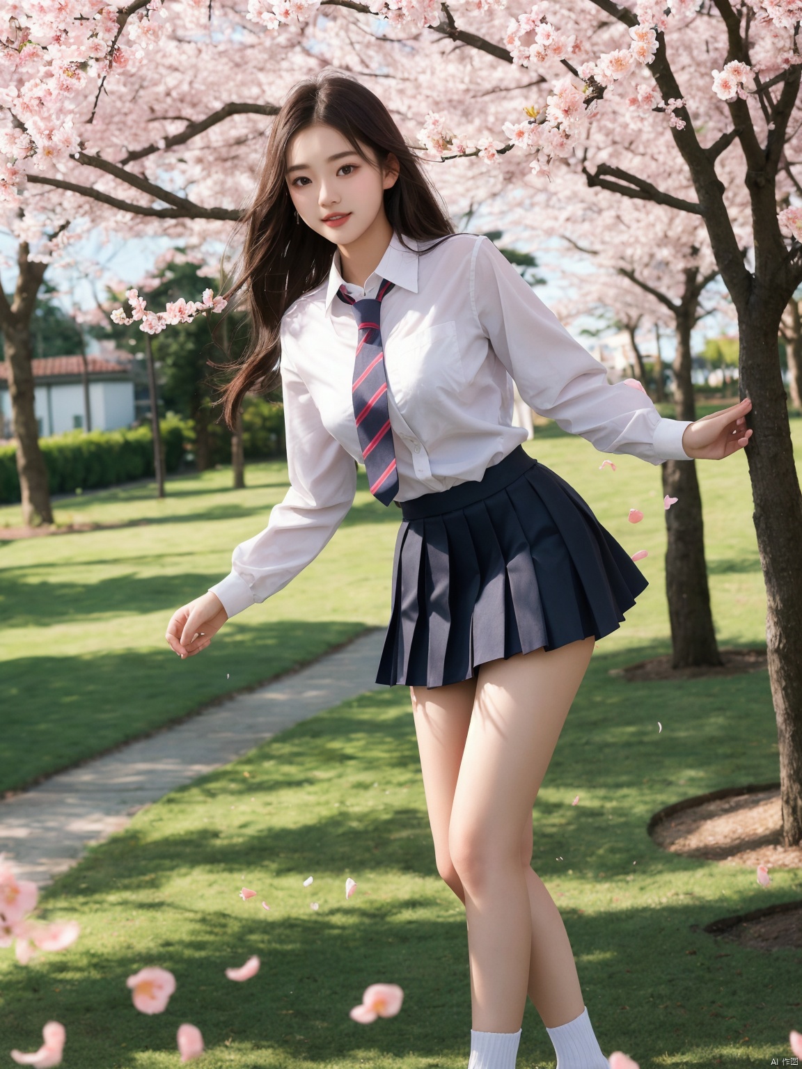 masterpiece,1 Girl,18 years old,Stand,Look at me,Lovely,Sweet,Wearing a school uniform,Students,Tie,Miniskirt,Outdoors,Aisle,Spring,Peach blossom,Flying petals,Long hair,textured skin,super detail,best quality,
