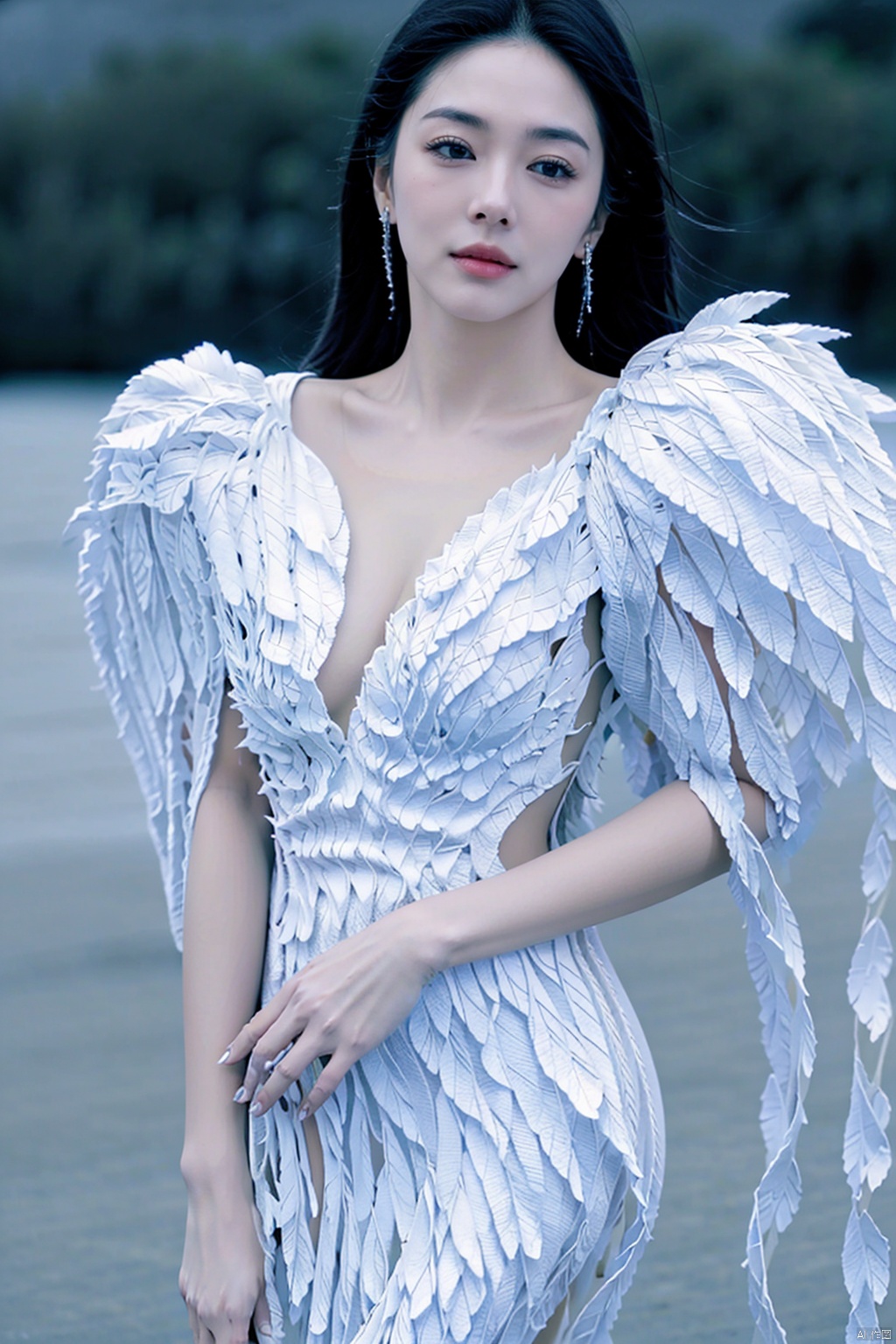 (1 girl:1.3), (best quality, masterpiece, ultra high resolution),(photorealistic:1.3), (realistic:1.3), depth of field,(cinematic lighting:1.2), black and white dress