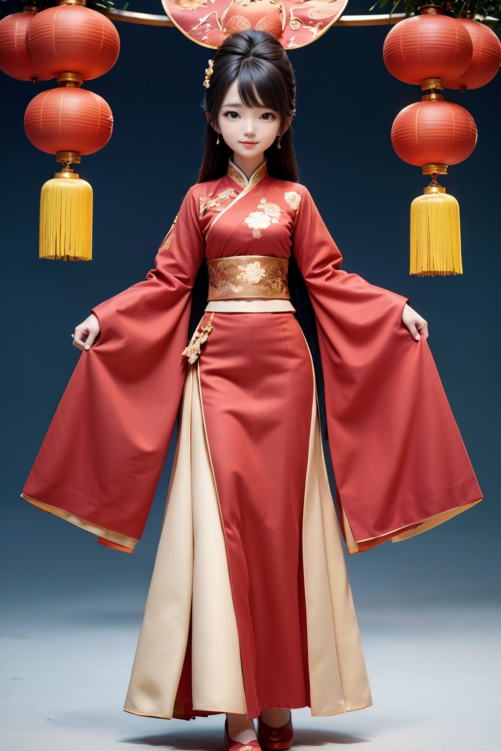 1girl,(full body),(long skirt:1.2),chinesenewyeargirl\(girl\),chinesenewyeargirl\(chinese_clothes\),<lora:AgainMixChineseNewYearGirl_v1:0.6>,<lora:hand:0.8>,