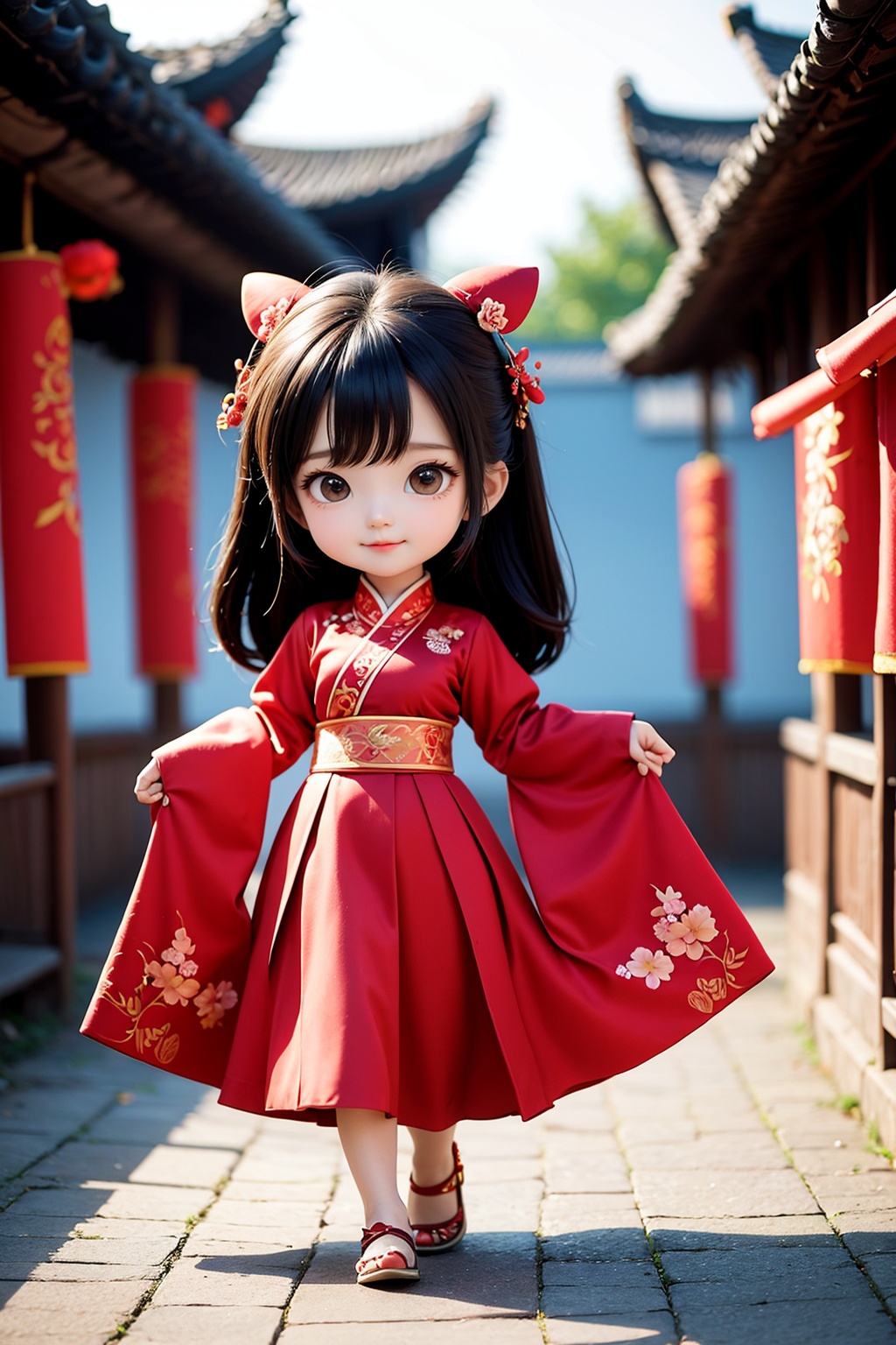 1girl,(full body),chibi,(long skirt:1.2),chinesenewyeargirl\(girl\),chinesenewyeargirl\(chinese_clothes\),<lora:AgainMixChineseNewYearGirl_v1:0.6>,