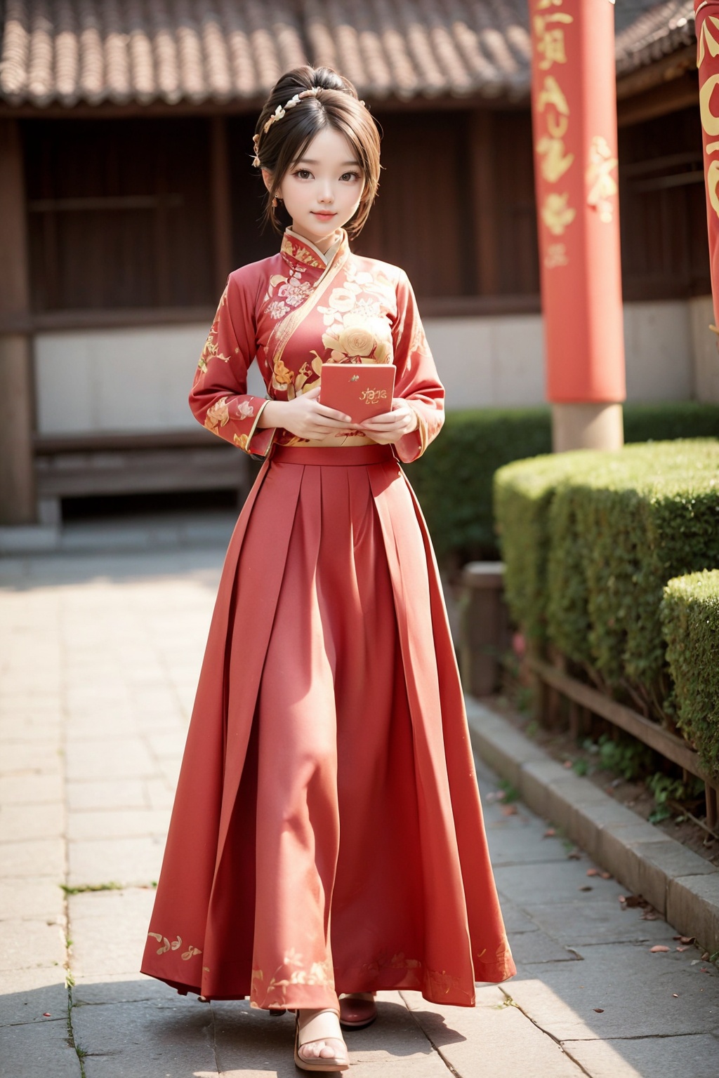 1girl,(full body),(long skirt:1.2),chinesenewyeargirl\(girl\),chinesenewyeargirl\(chinese_clothes\),<lora:AgainMixChineseNewYearGirl_v1:0.6>,<lora:hand:0.8>,
