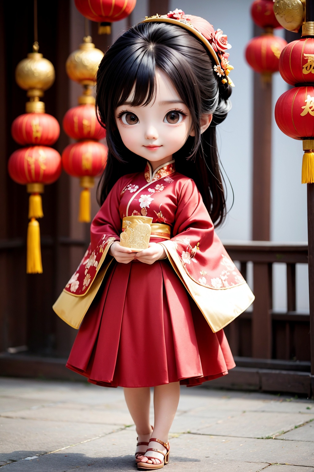 1girl,(full body),chibi,(long skirt:1.2),chinesenewyeargirl\(girl\),chinesenewyeargirl\(chinese_clothes\),<lora:AgainMixChineseNewYearGirl_v1:0.6>,