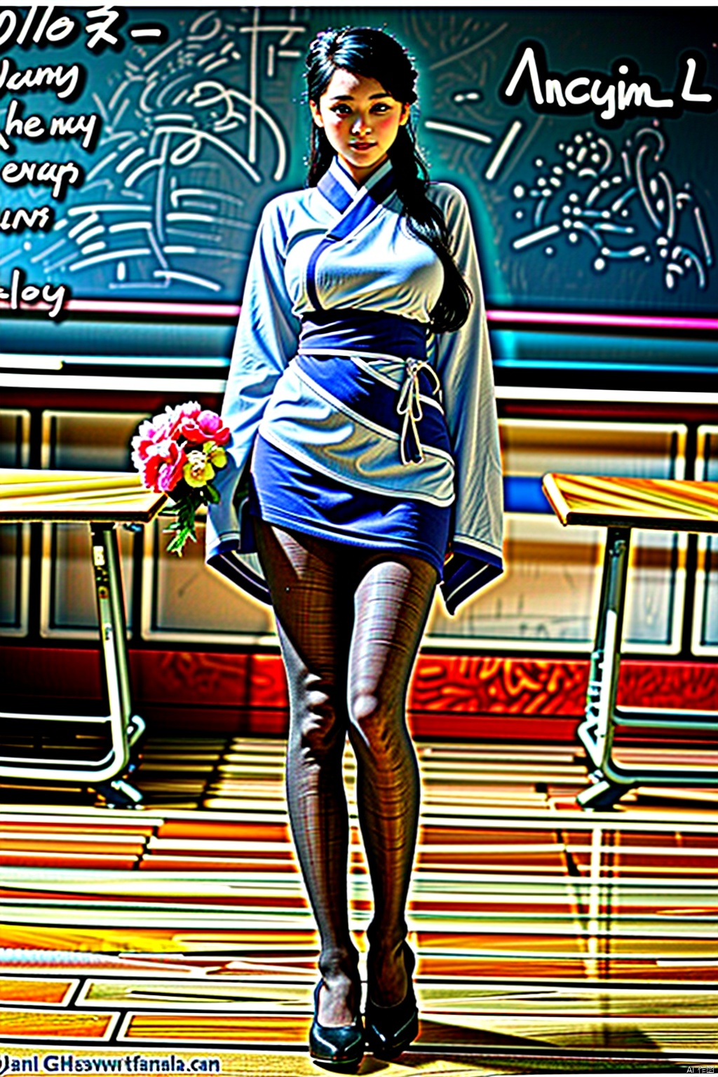 1girl, solo, (best quality, masterpiece, ultra-high resolution, 4K, HDR, UHD, 64K, official art), (photorealistic:1.3, realistic:1.3), legs,(indoors, classroom, black board, school desk), (Canon RF 85mm f/1.2L 85mm), (flower arrangement:1.2),hair bun,(full body:1.3), (busty:1.2),(standing:1.3), (huge breasts:1.3),  (gray pantyhose:1.2), facing viewer, wetclothes, publictattoo,(foot focus:1.2, high heels), hanfu,