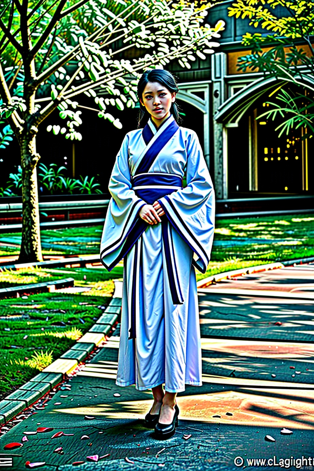 (1girl:1.3), (best quality, masterpiece, ultra high resolution),(photorealistic:1.3), (realistic:1.3), depth of field,(full body:1.2), (outdoors:1.2), (day:1.2), (cinematic lighting:1.2), hanfu