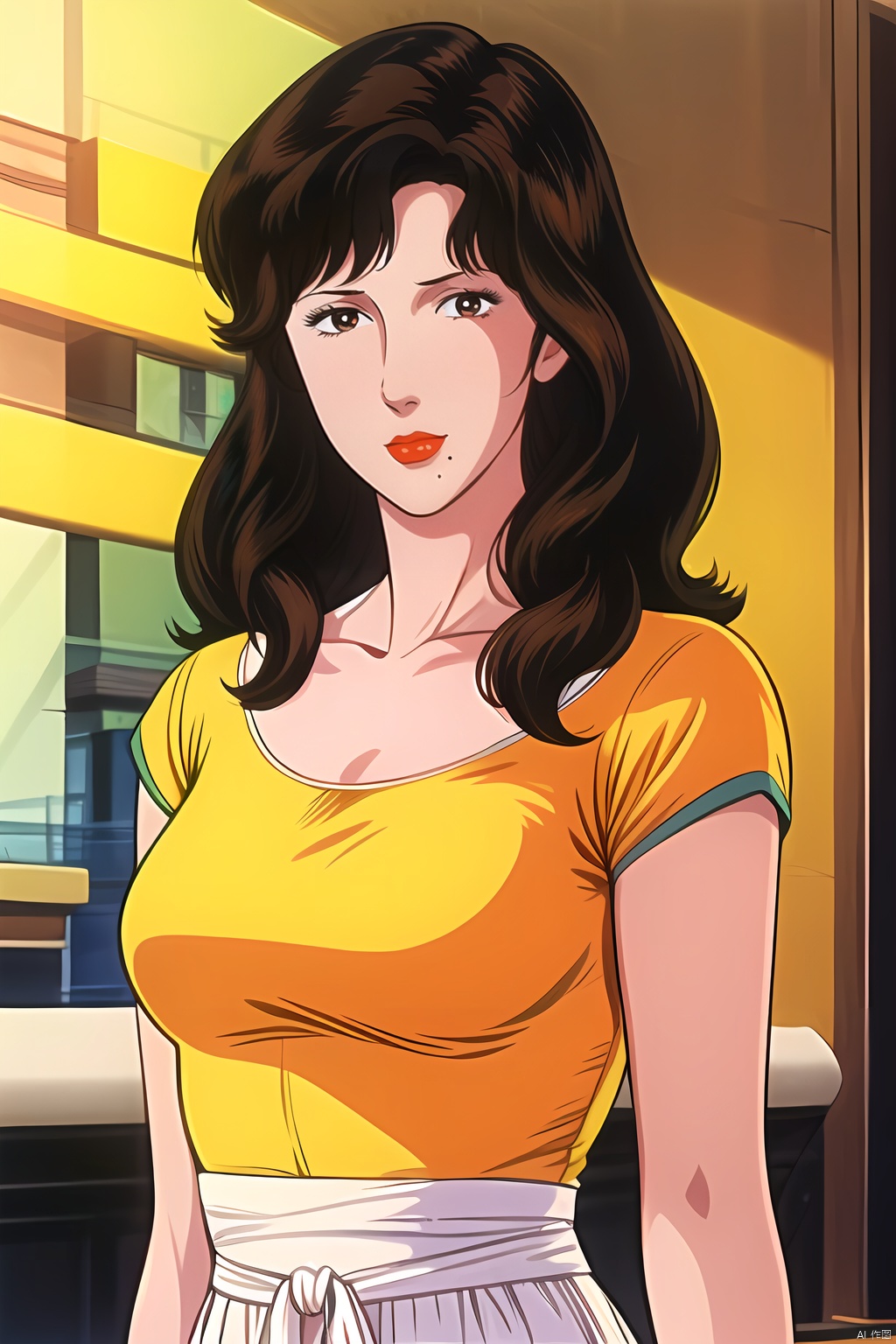 yuanshen, 1girl, solo, brown hair, long hair, brown eyes, lipstick, makeup, retro artstyle, yellow shirt, mole under mouth, 1980s \(style\), collarbone,nice hands, perfect balance, (looking at viewer:1.5), closed mouth, (Light_Smile:0.3), official art, extremely detailed CG unity 8k wallpaper, perfect lighting, Colorful, Bright_Front_face_Lighting, White skin, (masterpiece:1), (best_quality:1), ultra high res, 4K, ultra-detailed, photography, 8K, HDR, highres, absurdres:1.2, Kodak portra 400, film grain, blurry background, bokeh:1.2, lens flare, (vibrant_color:1.2), professional photograph, (narrow_waist), dark studio