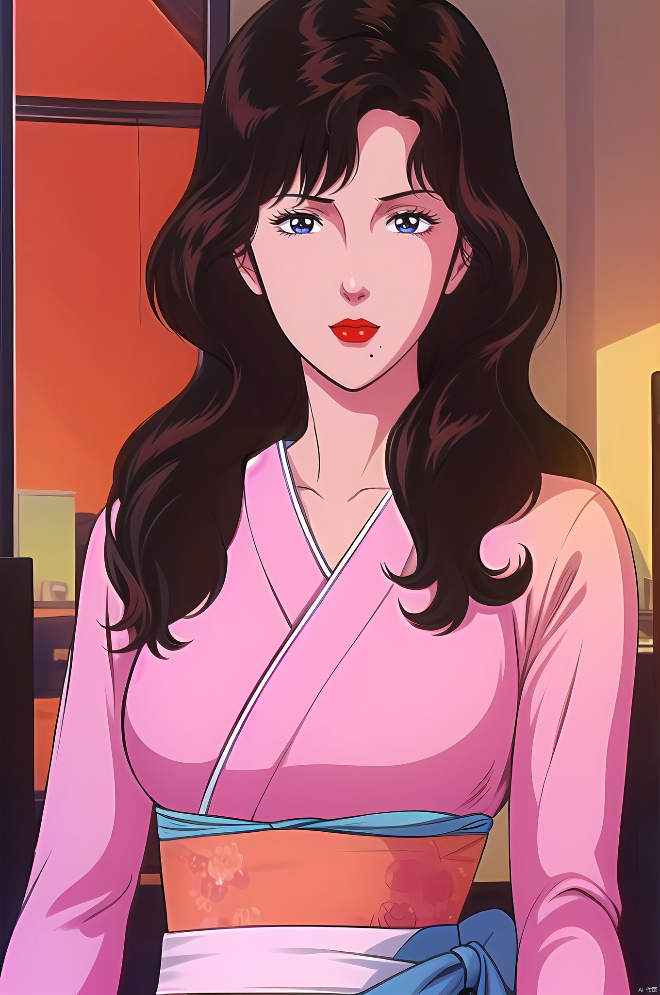yuanshen, 1girl,mole_under_mouth ,solo, retro artstyle,japanese clothes,pink kimono,obi, long hair, red nails, 1980s \(style\), red lips, lipstick, breasts, black hair, brown hair, makeup, nail polish, blue eyes,nice hands, perfect balance, (looking at viewer:1.5), closed mouth, (Light_Smile:0.3), official art, extremely detailed CG unity 8k wallpaper, perfect lighting, Colorful, Bright_Front_face_Lighting, White skin, (masterpiece:1), (best_quality:1), ultra high res, 4K, ultra-detailed, photography, 8K, HDR, highres, absurdres:1.2, Kodak portra 400, film grain, blurry background, bokeh:1.2, lens flare, (vibrant_color:1.2), professional photograph, (narrow_waist), dark studio