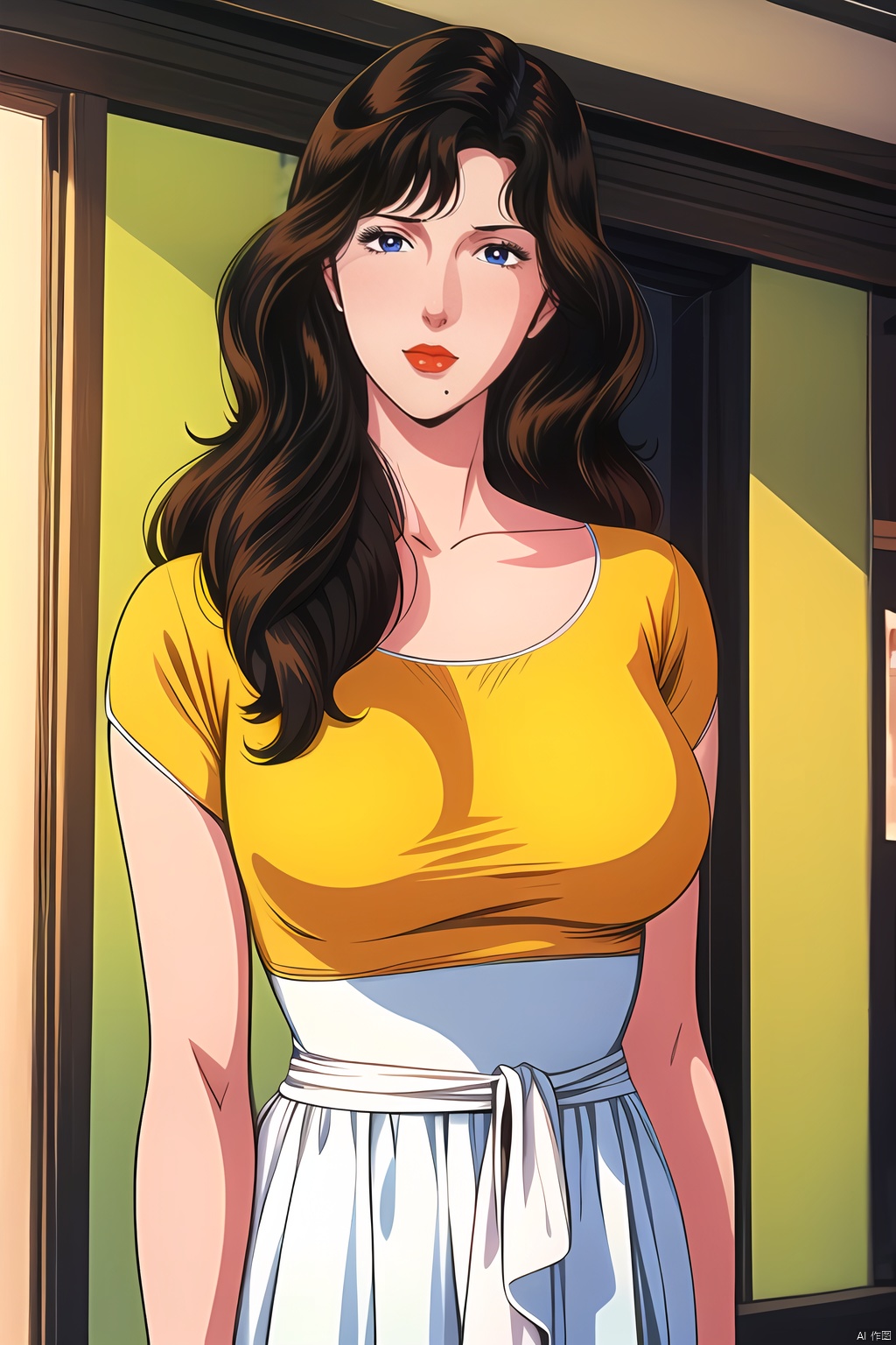 yuanshen, 1girl, solo, brown hair, long hair, blue eyes, lipstick, makeup, mole, retro artstyle, yellow shirt, mole under mouth, 1980s \(style\), collarbone,nice hands, perfect balance, (looking at viewer:1.5), closed mouth, (Light_Smile:0.3), official art, extremely detailed CG unity 8k wallpaper, perfect lighting, Colorful, Bright_Front_face_Lighting, White skin, (masterpiece:1), (best_quality:1), ultra high res, 4K, ultra-detailed, photography, 8K, HDR, highres, absurdres:1.2, Kodak portra 400, film grain, blurry background, bokeh:1.2, lens flare, (vibrant_color:1.2), professional photograph, (narrow_waist), dark studio