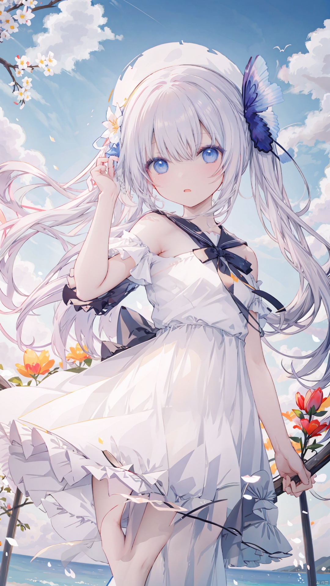  1girl, outdoors, solo, hat, dress, flower, tulip, blue eyes, long hair, white dress, looking at viewer, ribbon, pink flower, bangs, straw hat, day, sky, blush, hair ribbon, yellow flower, blue sky, red ribbon, bare shoulders, field, bow, twintails, petals, closed mouth, off shoulder, flower field, hair between eyes, tree, cloud, plaid, off-shoulder dress,silver hair, standing, hat bow, floating hair, arm up, wind, frills, low twintails, breasts,
