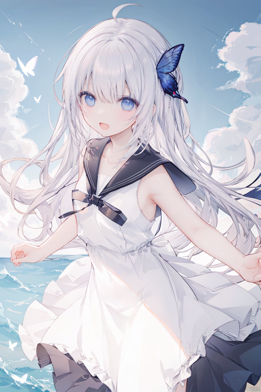  1girl, long hair,  silver hair, solo, sailor collar,ginka, dress, blue eyes, white dress, sleeveless, very long hair, butterfly hair ornament, sleeveless dress, black sailor collar, sailor dress, bangs, looking at viewer, floating hair, hair between eyes, open mouth, collarbone, smile, shiny hair, outdoors, hair ornament, ahoge, lens flare, ribbon, black ribbon, shiny, :d, neck ribbon, silver hair, sky, cloud, butterfly, outstretched arm, bare arms,