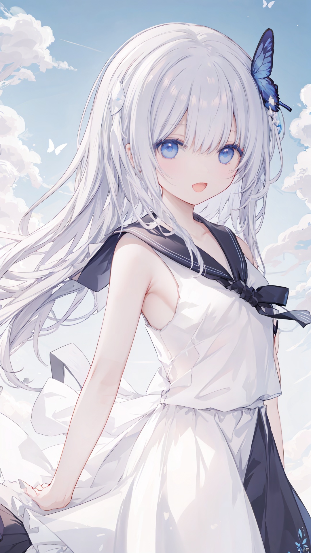  1girl, long hair, solo, sailor collar, dress, blue eyes, white dress, sleeveless, very long hair, butterfly hair ornament, sleeveless dress, black sailor collar, sailor dress, bangs, looking at viewer, floating hair, hair between eyes, open mouth, collarbone, smile, shiny hair, outdoors, hair ornament, ahoge, lens flare, ribbon, black ribbon, shiny, :d, neck ribbon, silvery hair, sky, cloud, bug, butterfly, outstretched arm, bare arms,