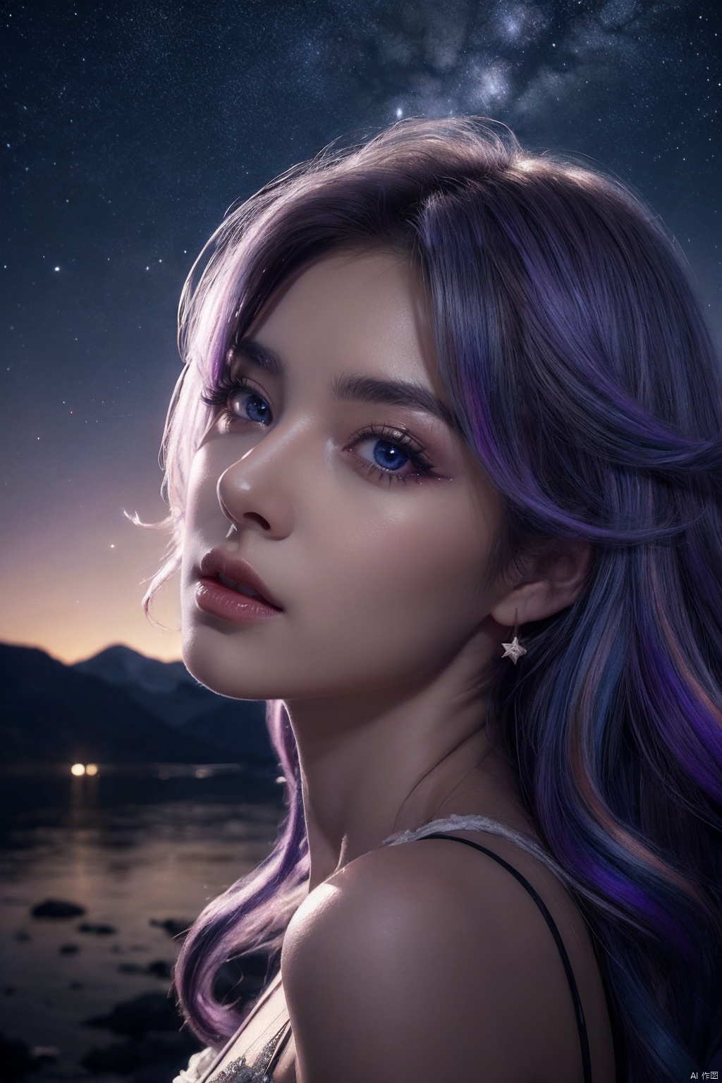  masterpiece, best quality, illustration, stars in the eyes,dishevelled hair,Starry sky adorns hair,1 girl,sparkling anime eyes,beautiful detailed eyes, beautiful detailed stars,blighting stars,emerging dark purple across with white hair,multicolored hair,beautiful detailed eyes,beautiful detailed sky, beautiful detailed water, cinematic lighting, dramatic angle, 
