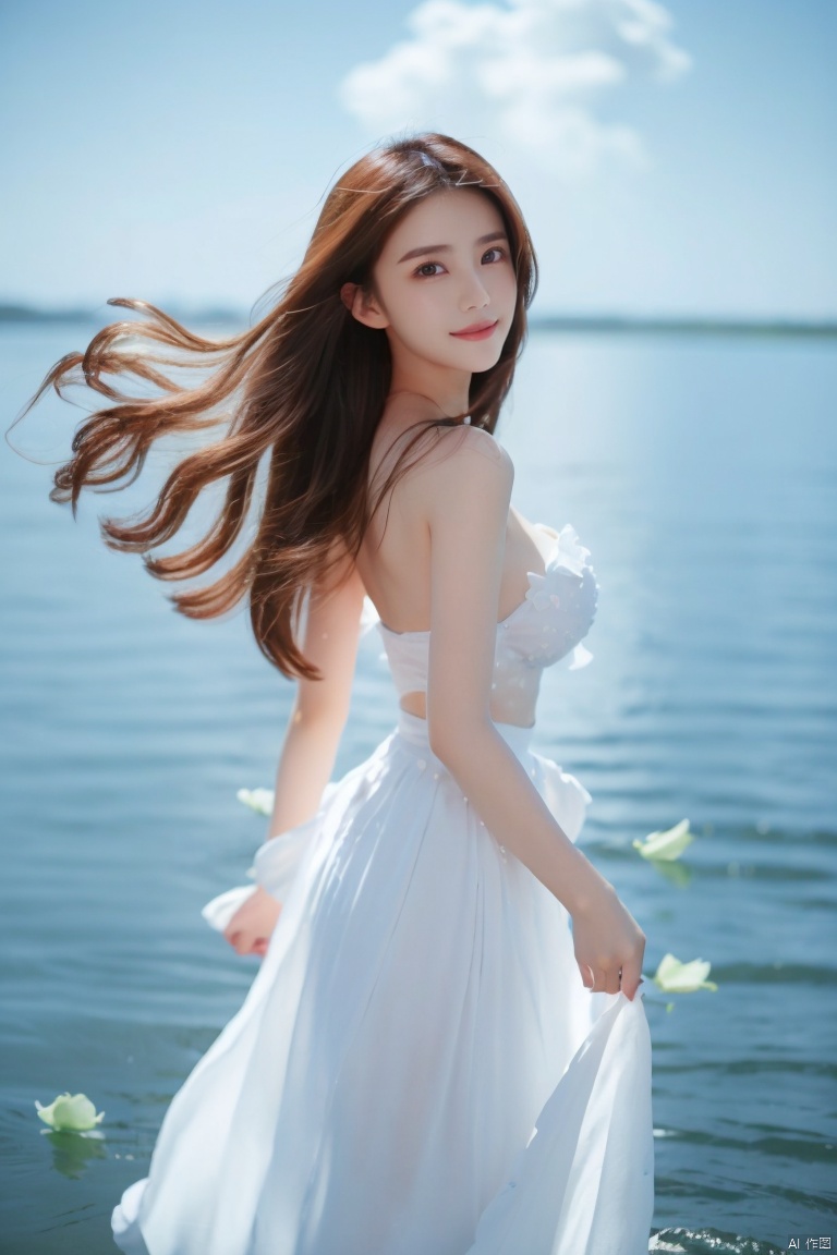  DSLR, depth of field, (1girl:1.2), , very long hair, low twintails, yellow eyes, light smile, looking at viewer, white shirt, white skirt, (flying white chiffon:1.5), bare shoulder, (flying blue petals:1.2), (standing above water surface), sky background, (cloud:1.2), white bird, floating water drops, (white border:1.2) , 
backlight, , jujingyi, taoist robe, ll-hd,(((large breasts)), depth of field,, yuanyuan