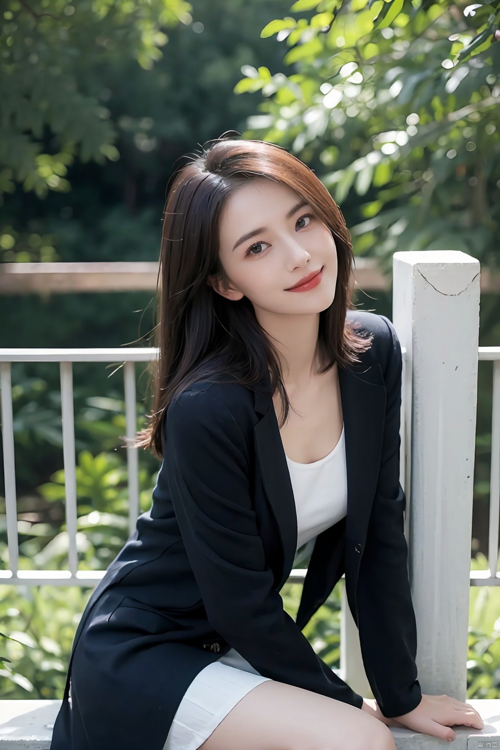 The image features a beautiful young Asian woman with long,  dark hair sitting on a balcony with a cat in the background....