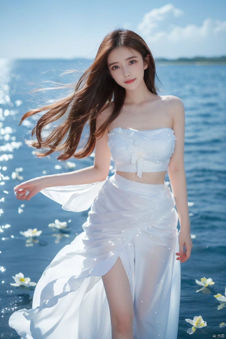  DSLR, depth of field, (1girl:1.2), , very long hair, low twintails, yellow eyes, light smile, looking at viewer, white shirt, white skirt, (flying white chiffon:1.5), bare shoulder, (flying blue petals:1.2), (standing above water surface), sky background, (cloud:1.2), white bird, floating water drops, (white border:1.2) , 
backlight, , jujingyi, taoist robe, ll-hd,(((large breasts)), depth of field,, yuanyuan