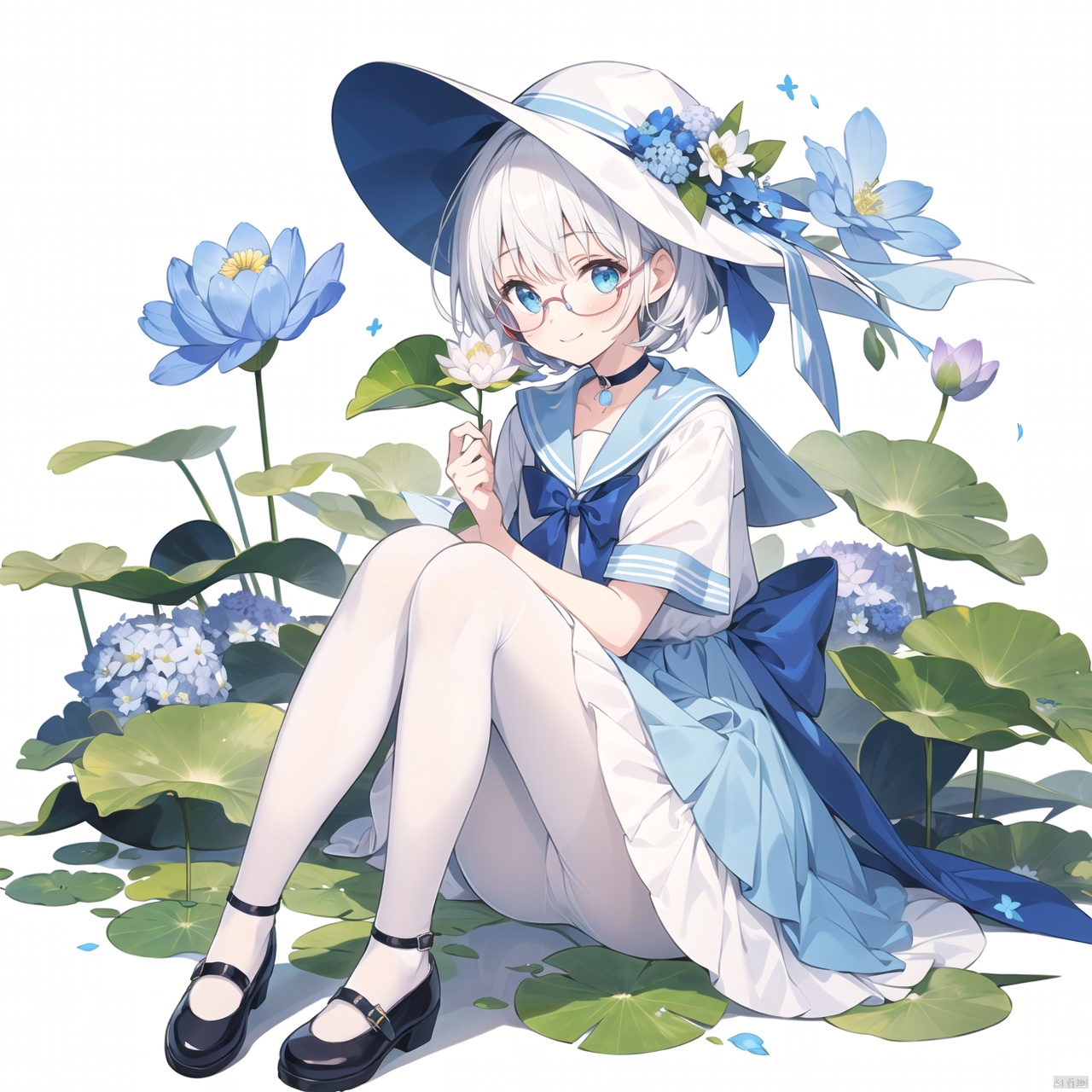 1girl,blue_bow,blue_choker,blue_flower,blue_ribbon,choker,daisy,dress,floral_background,flower,full_body,glasses,green_eyes,hat,holding,holding_flower,hydrangea,leaf,lily_\(flower\),lily_of_the_valley,lotus,morning_glory,plant,ribbon,sailor_collar,short_hair,short_sleeves,sitting,smile,solo,white_flower,white_headwear,white pantyhose,mary_janes,