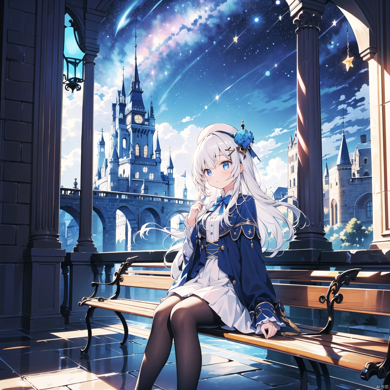 1girl,lolita,full body,dress,beret,(white_pantyhose),(sit_on_bench),(mary_janes),beautiful detailed glow,from_side,looking_away,detailed ice,beautiful detailed water,(floating palaces:1.2),(starry tornado:1.4),starry Nebula,beautiful detailed sky,lace,fine_fabric_emphasis,shiny long hair,blue white skirt,(short skirt),black Headdress,bowknot,(hair ornament),(hair flower),Lace,cross-laced footwear,ribbon-trimmed sleeves,building architecture,(gothic architecture),starry sky,outdoors,((castle)),