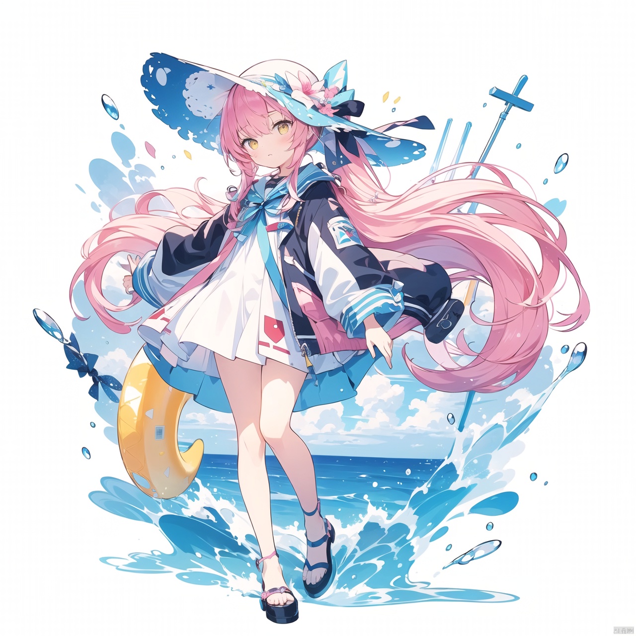 white background,solo,loli,Pink hair,Yellow eyes,high ponytail,beach,high ponytail,hair flower,frilled shirt collar,facula,spot,messy hair,fipped hair,floating hair,(petite),(loli),(solo),(open jacket),staring,blank stare,visor,towel,ribbon,sun hat,innertube,sail,(full body, wide shot, mid shot, panorama),blue sky,cloudy,