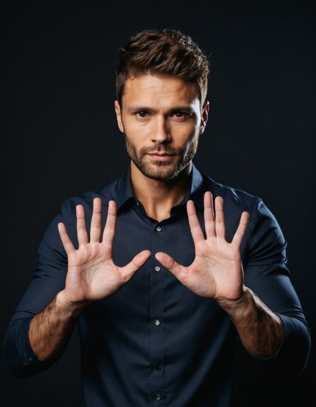 centered,  half body photo of 30 y.o man shows hands with five fingers,  shirt on Tensor.Art
