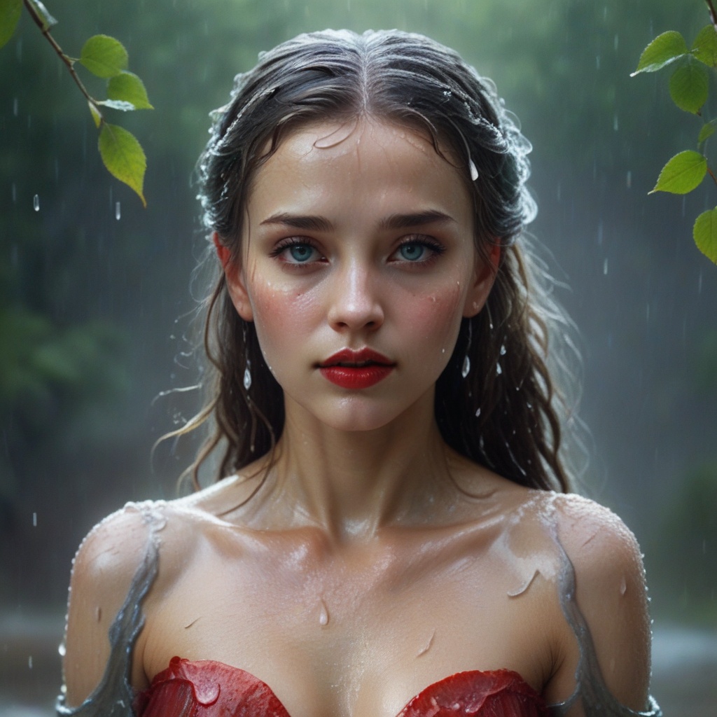 Picture this striking scene: A beautiful woman lies gracefully on the ground as rain falls gently onto her face. Her hair...