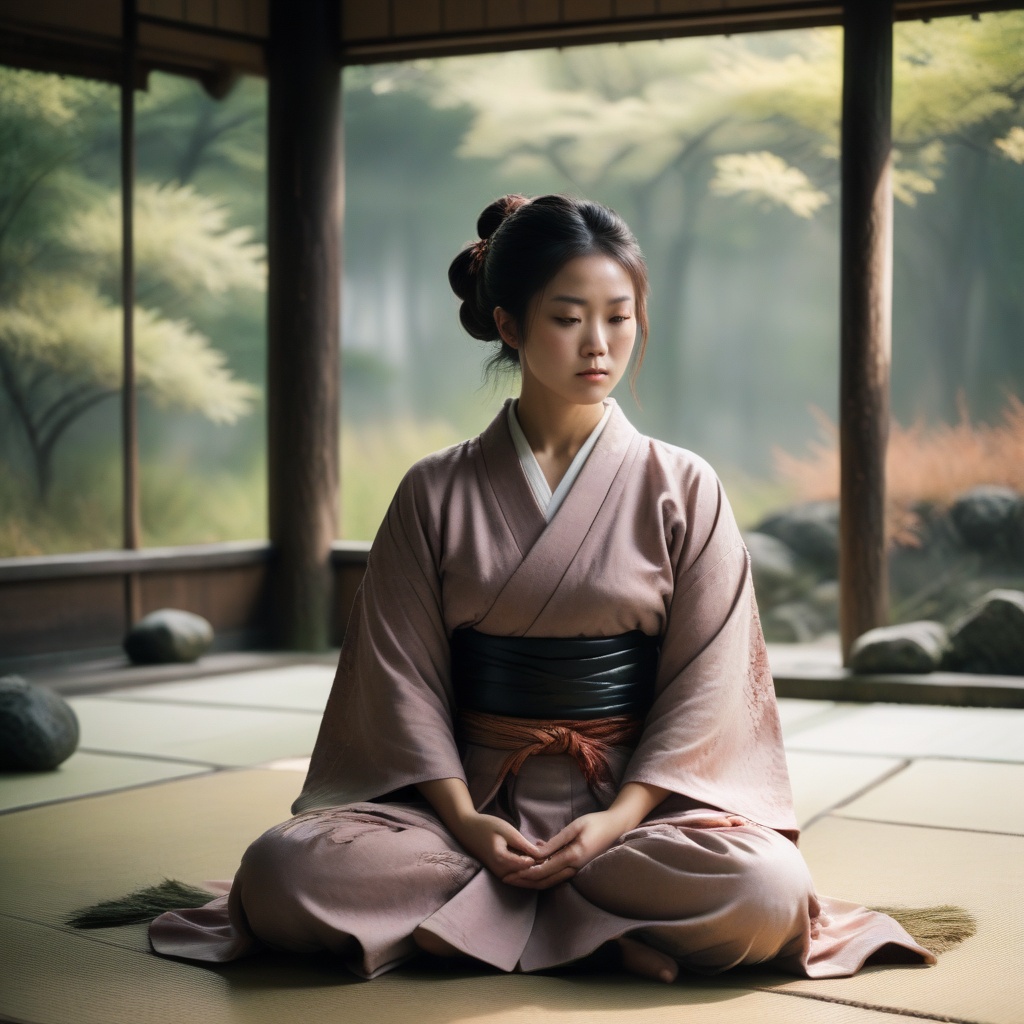 samurai woman in kimono meditating in a dojo after training,  beautiful japanese nature in the background,  by Wētā FX on...