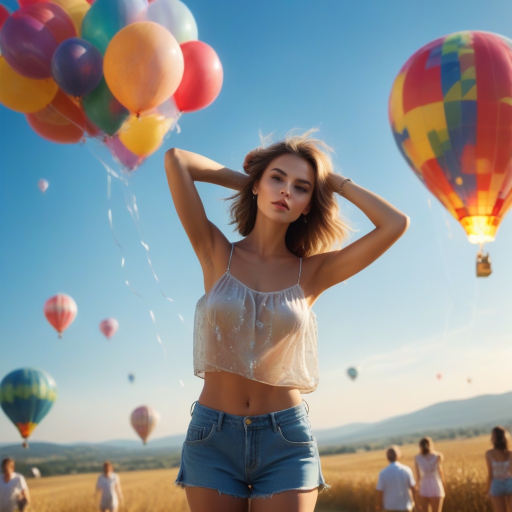 crytal clear photo of a beautiful female super model,  in summer clothes facing camera,  with arms stretched into air on T...