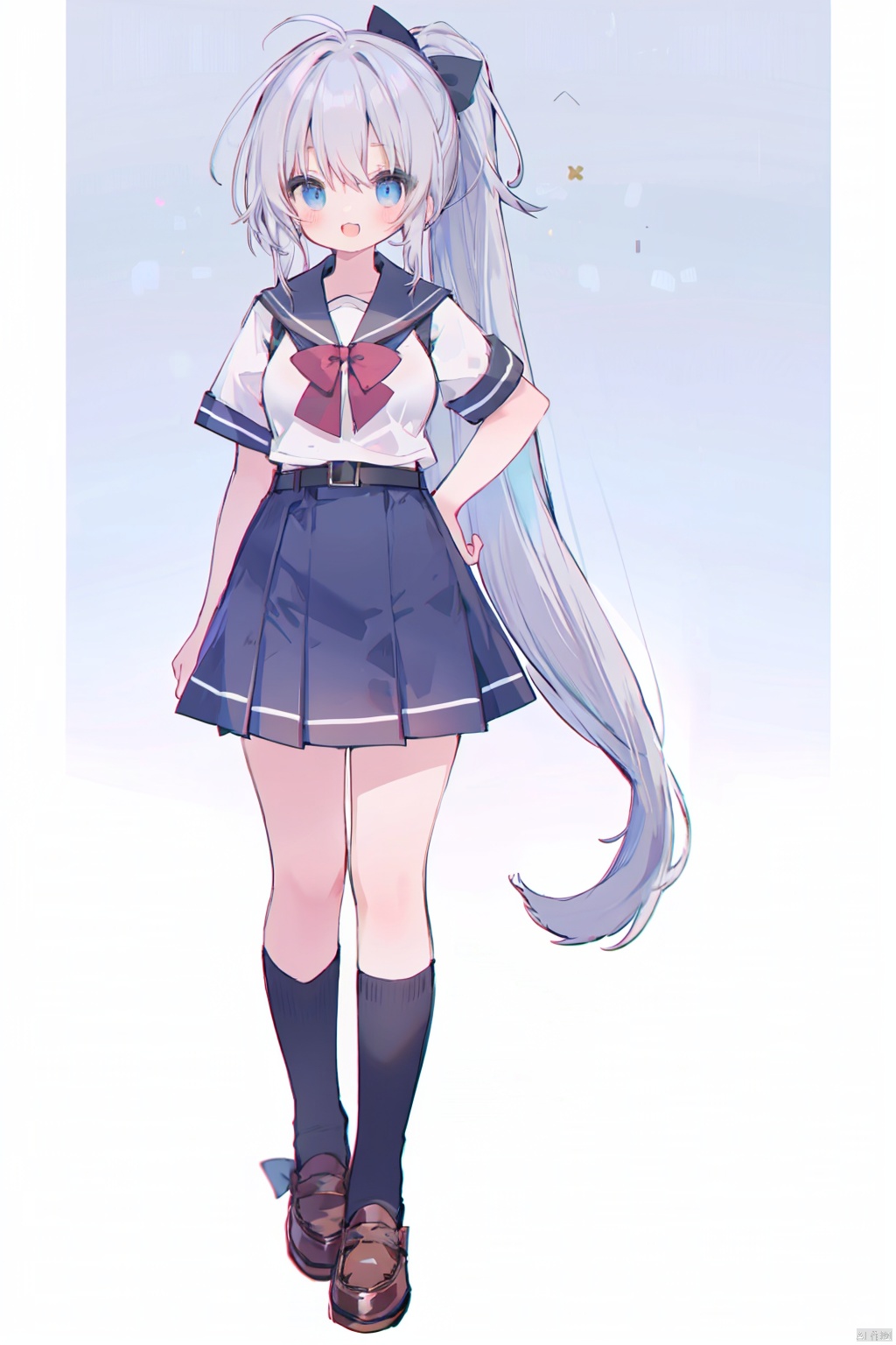 1girl, solo, long hair, blue eyes, loafers, socks, skirt, bow, very long hair, shoes, open mouth, full body, brown footwear, ponytail,hand on hip, smile, belt, school uniform, blue socks, ahoge, short sleeves, pleated skirt, standing, black socks, breasts, hair bow, bangs, sailor collar, bowtie, shirt, hand on own chest, ^_^, white sailor collar, kneehighs, white shirt, :d, medium breasts, facing viewer, serafuku, miniskirt, grey hair, blue skirt, red bow, black bow, black skirt