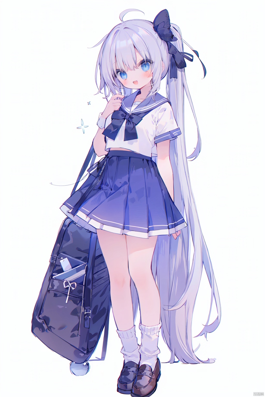 1girl, solo, long hair, blue eyes, loafers, socks, skirt, bow, very long hair, shoes, open mouth, full body, brown footwear, ponytail,hand on hip, smile, belt, school uniform, blue socks, ahoge, short sleeves, pleated skirt, standing, black socks, breasts, hair bow, bangs, sailor collar, bowtie, shirt, hand on own chest, ^_^, white sailor collar, kneehighs, white shirt, :d, medium breasts, facing viewer, serafuku, miniskirt, grey hair, blue skirt, red bow, black bow, black skirt