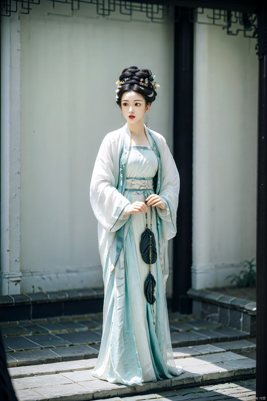 (1girl:1.3), (best quality, masterpiece, ultra high resolution),(photorealistic:1.3), (realistic:1.3), depth of field,(full body:1.2), (outdoors:1.2), (day:1.2), (cinematic lighting:1.2), hanfu