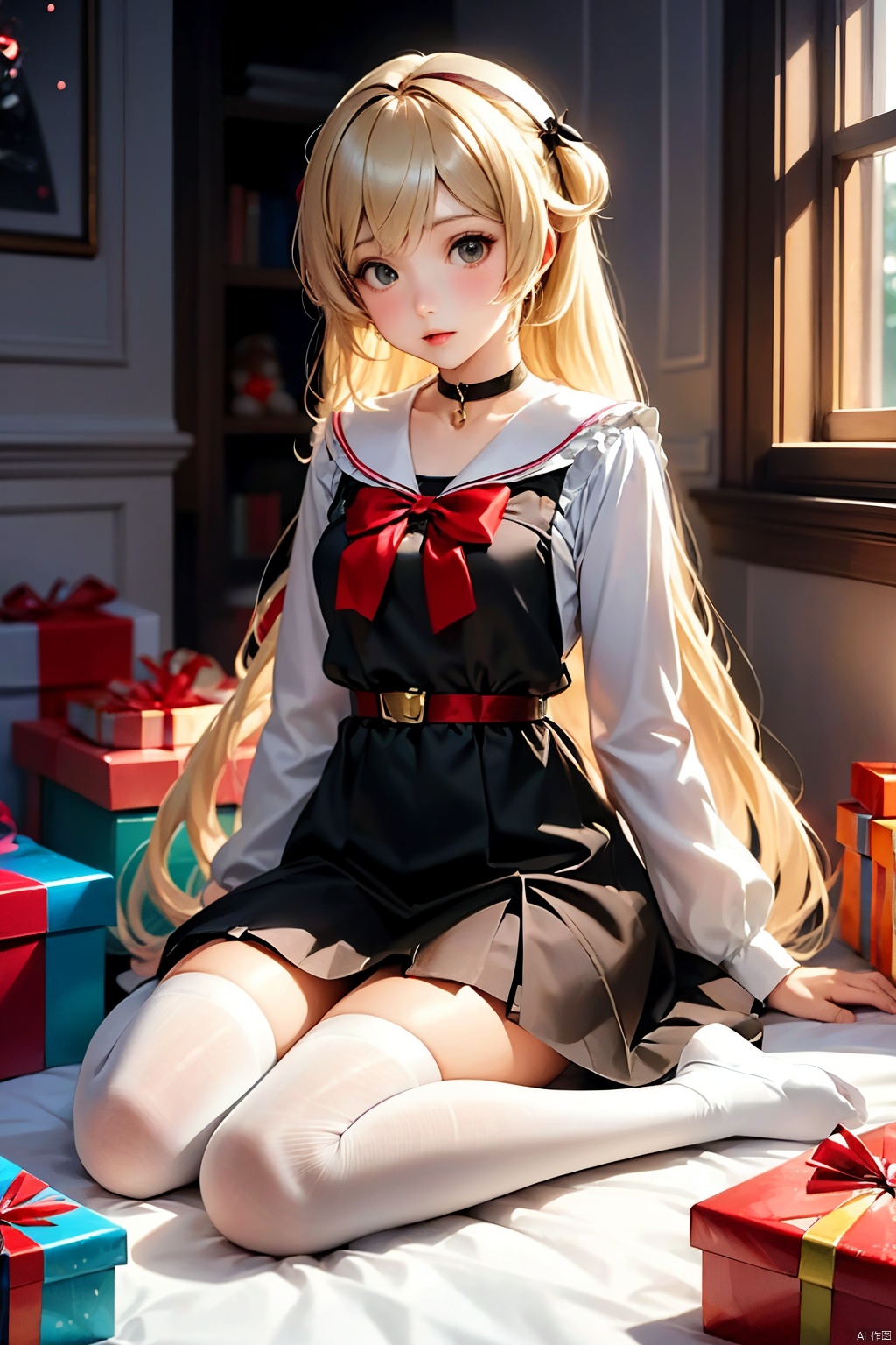 a girl sitting on the floor with presents around her, an anime drawing by Yang J, pixiv contest winner, fantasy art, beautiful anime girl, cute anime girl, cute anime waifu in a nice dress, anime visual of a cute girl, anime girl with long hair, pretty anime girl, attractive anime girl, beautiful anime woman, young anime girl, (anime girl)