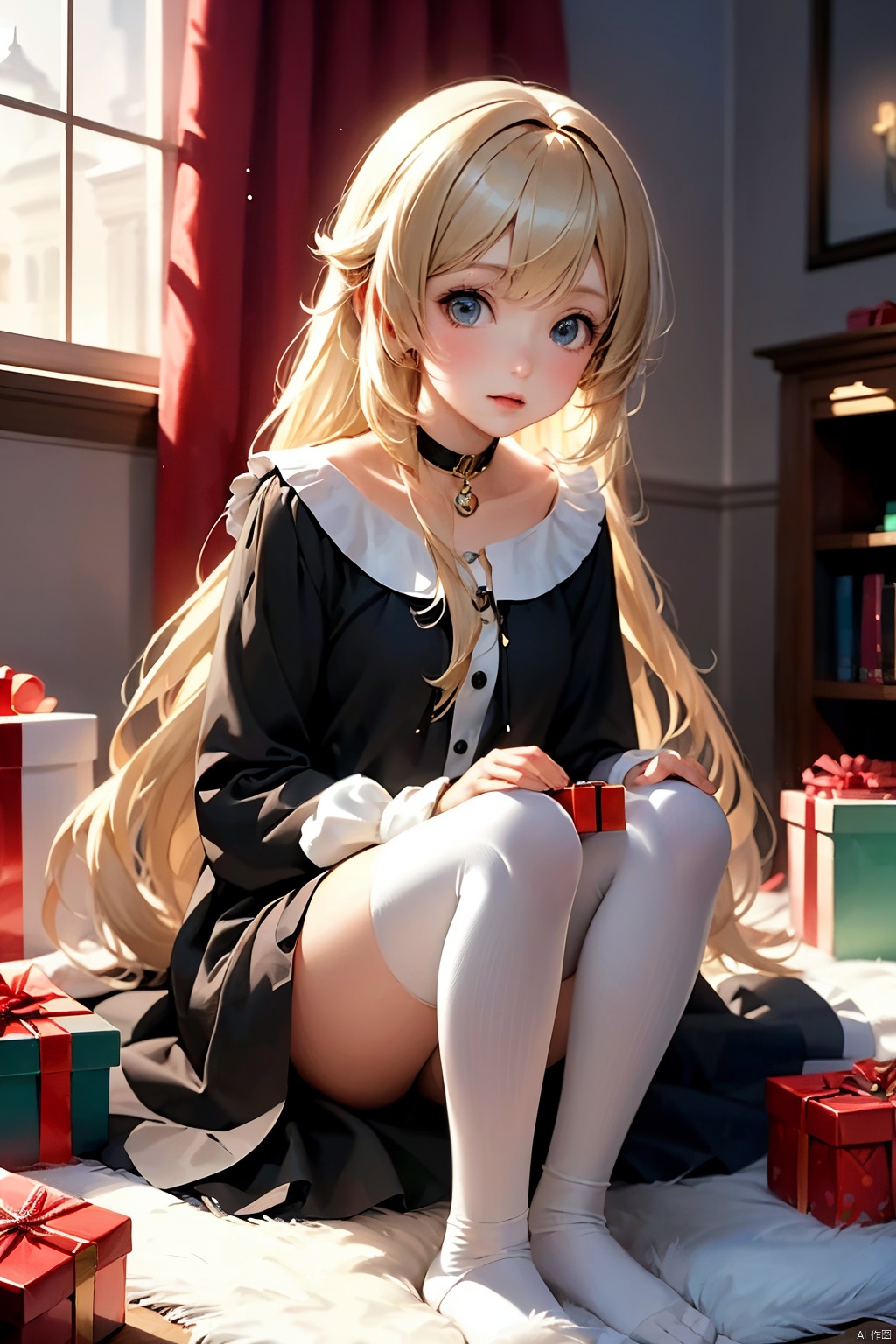 a girl sitting on the floor with presents around her, an anime drawing by Yang J, pixiv contest winner, fantasy art, beautiful anime girl, cute anime girl, cute anime waifu in a nice dress, anime visual of a cute girl, anime girl with long hair, pretty anime girl, attractive anime girl, beautiful anime woman, young anime girl, (anime girl)