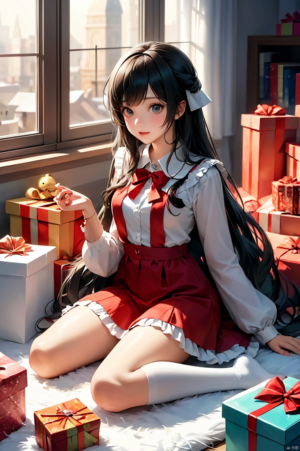 a girl sitting on the floor with presents around her, an anime drawing by Yang J, pixiv contest winner, fantasy art, beautiful anime girl, cute anime girl, cute anime waifu in a nice dress, anime visual of a cute girl, anime girl with long hair, pretty anime girl, attractive anime girl, beautiful anime woman, young anime girl, (anime girl)