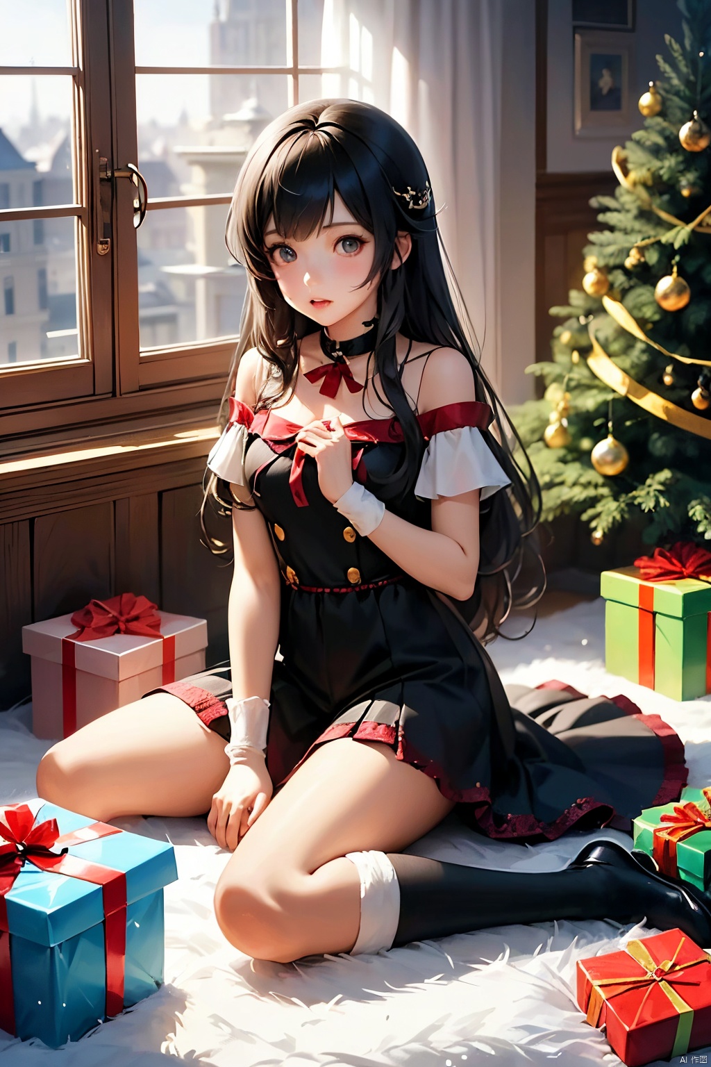 a girl sitting on the floor with presents around her, an anime drawing by Yang J, pixiv contest winner, fantasy art, beautiful anime girl, cute anime girl, cute anime waifu in a nice dress, anime visual of a cute girl, anime girl with long hair, pretty anime girl, attractive anime girl, beautiful anime woman, young anime girl, (anime girl)