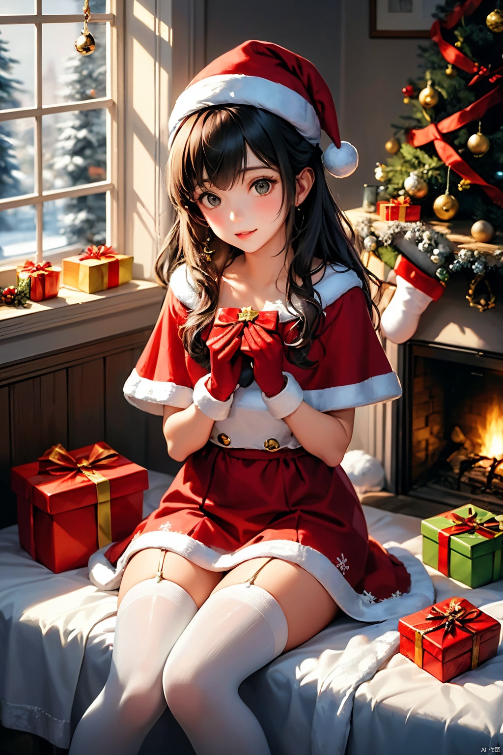 a girl sitting on a bench in front of a christmas tree with presents around her and a christmas tree behind her, 1girl, antlers, bell, blonde hair, bobblehat, bow, bowtie, box, cake, candle, candy, candy cane, capelet, carrying over shoulder, chimney, christmas, christmas lights, christmas ornaments, christmas tree, deer ears, fake antlers, fake facial hair, fake mustache, fireplace, food, fur-trimmed capelet, fur-trimmed dress, fur-trimmed headwear, fur-trimmed skirt, fur trim, gift, gift bag, gift box, giving, hair bell, hat, heart-shaped box, holding box, holding candy, holding gift, holding sack, holly, incoming gift, indoors, looking at viewer, merry christmas, neck bell, ornament, party hat, party popper, pine tree, pom pom \(clothes\), red bow, red bowtie, red capelet, red gloves, red headwear, reindeer, reindeer antlers, reindeer costume, ribbon bondage, sack, santa bikini, santa boots, santa costume, santa dress, santa gloves, santa hat, sitting, snow, snowflake background, snowflake print, snowflakes, snowing, snowman, solo, star \(symbol\), tail bell, tail ornament, thighhighs, white legwear, window, wreath