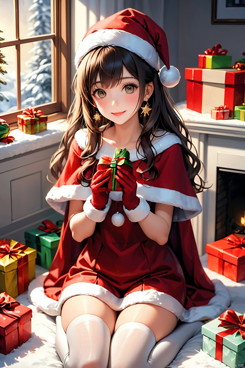 a girl sitting on the floor with presents around her and a christmas tree in the background with a lit candle, 1girl, animal costume, antlers, bell, blue capelet, bobblehat, box, cake, candle, candy, candy cane, capelet, carrying over shoulder, champagne, chimney, christmas, christmas lights, christmas ornaments, christmas tree, deer ears, earrings, envelope, fake antlers, fake facial hair, fake mustache, fireplace, fur-trimmed capelet, fur-trimmed dress, fur-trimmed gloves, fur-trimmed headwear, fur-trimmed shorts, fur-trimmed skirt, fur-trimmed sleeves, fur trim, gift, gift bag, gift box, giving, glint, green ribbon, hair bell, happy valentine, hat, heart-shaped box, heart-shaped chocolate, holding bag, holding box, holding candy, holding gift, holding sack, holly, in box, in container, incoming gift, indoors, jeanne d'arc alter santa lily \(fate\), jewelry, jingle bell, kneeling, letter, long hair, looking at viewer, merry christmas, naked ribbon, neck bell, ornament, party hat, party popper, pine tree, pinwheel, pom pom \(clothes\), red bow, red capelet, red gloves, red headwear, red sleeves, reindeer, reindeer antlers, reindeer costume, ribbon bondage, sack, saint quartz \(fate\), santa bikini, santa boots, santa costume, santa dress, santa gloves, santa hat, sitting, smile, snow, snowflake background, snowflake hair ornament, snowflake print, snowflakes, snowing, snowman, solo, star earrings, streamers, tail bell, tail ornament, valentine, white day, white footwear, window, wreath, yellow ribbon