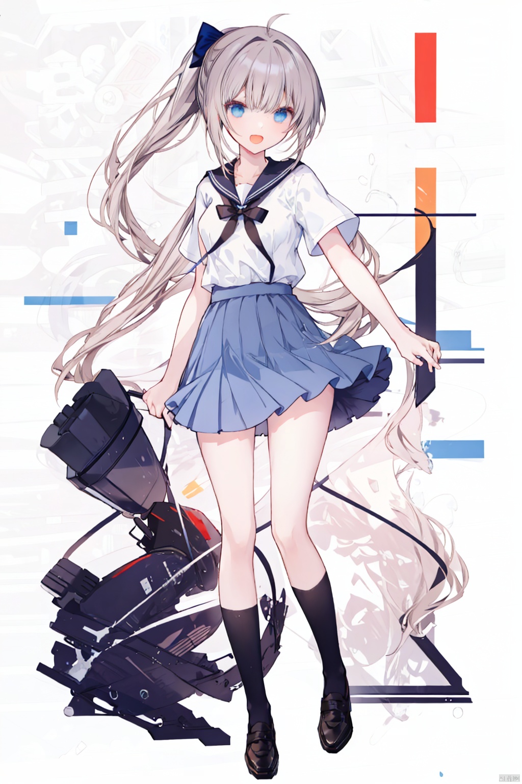 1girl,  solo,  long hair,  blue eyes,  loafers,  socks,  skirt,  bow,  very long hair,  shoes,  open mouth,  full body,  brown footwear,  ponytail, hand on hip,  smile,  belt,  school uniform,  blue socks,  ahoge,  short sleeves,  pleated skirt,  standing,  black socks,  breasts,  hair bow,  bangs,  sailor collar,  bowtie,  shirt,  hand on own chest,  ^_^,  white sailor collar,  kneehighs,  white shirt,  :d,  medium breasts,  facing viewer,  serafuku,  miniskirt,  grey hair,  blue skirt,  red bow,  black bow,  black skirt,