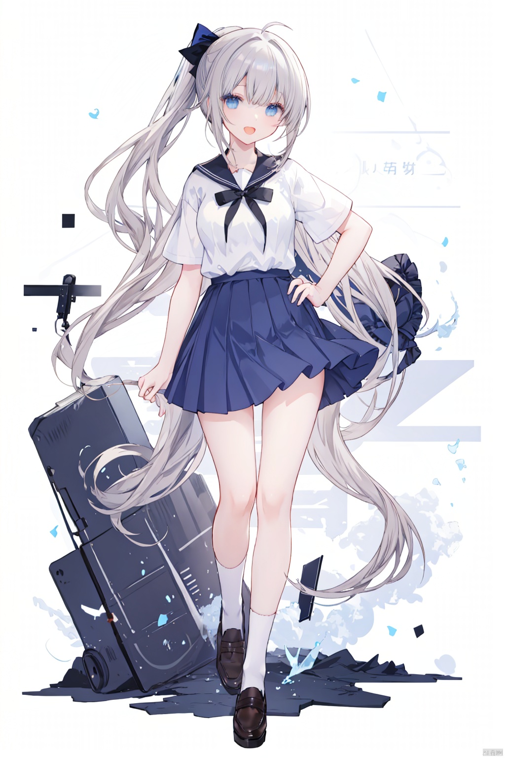 1girl,  solo,  long hair,  blue eyes,  loafers,  socks,  skirt,  bow,  very long hair,  shoes,  open mouth,  full body,  brown footwear,  ponytail, hand on hip,  smile,  belt,  school uniform,  blue socks,  ahoge,  short sleeves,  pleated skirt,  standing,  black socks,  breasts,  hair bow,  bangs,  sailor collar,  bowtie,  shirt,  hand on own chest,  ^_^,  white sailor collar,  kneehighs,  white shirt,  :d,  medium breasts,  facing viewer,  serafuku,  miniskirt,  grey hair,  blue skirt,  red bow,  black bow,  black skirt,