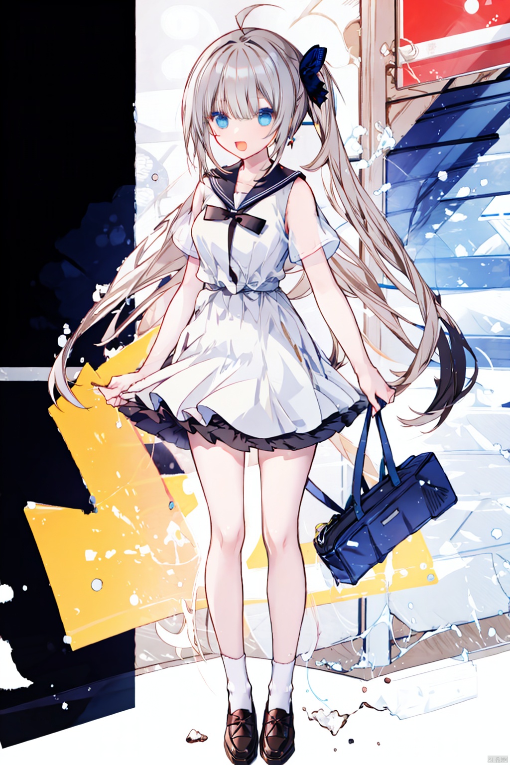 1girl,  solo,  long hair,  blue eyes,  loafers,  socks,  skirt,  bow,  very long hair,  shoes,  open mouth,  full body,  brown footwear,  ponytail, hand on hip,  smile,  belt,  school uniform,  blue socks,  ahoge,  short sleeves,  pleated skirt,  standing,  black socks,  breasts,  hair bow,  bangs,  sailor collar,  bowtie,  shirt,  hand on own chest,  ^_^,  white sailor collar,  kneehighs,  white shirt,  :d,  medium breasts,  facing viewer,  serafuku,  miniskirt,  grey hair,  blue skirt,  red bow,  black bow,  black skirt,