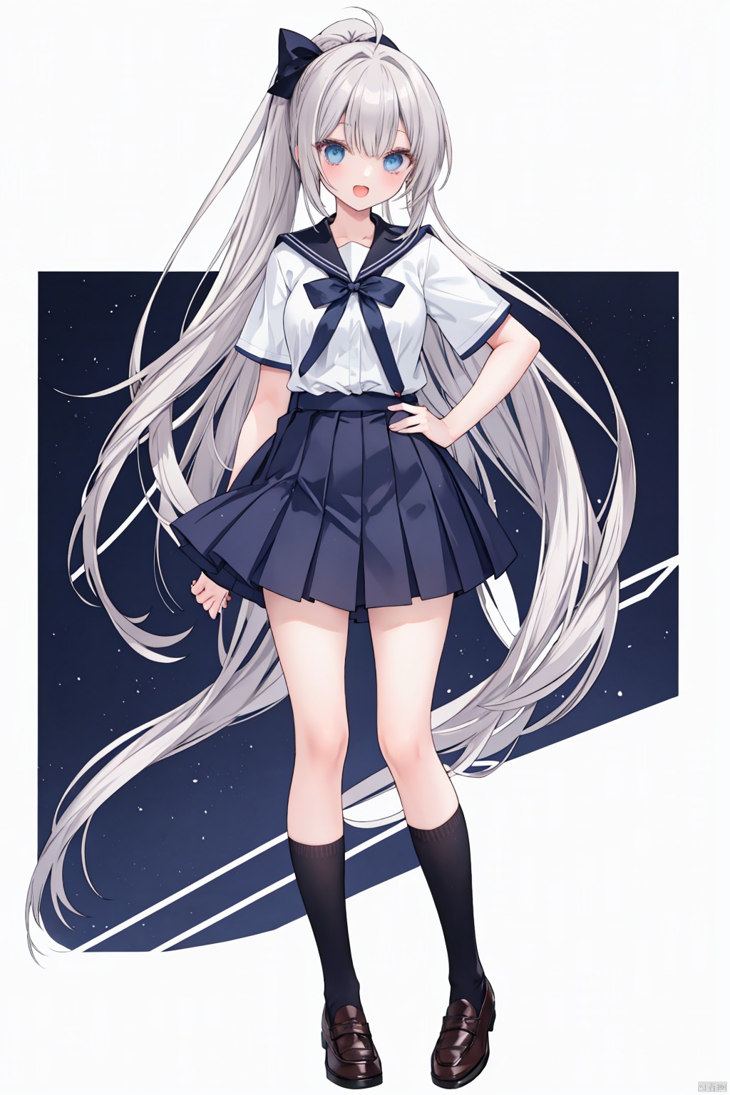 1girl,  solo,  long hair,  blue eyes,  loafers,  socks,  skirt,  bow,  very long hair,  shoes,  open mouth,  full body,  brown footwear,  ponytail, hand on hip,  smile,  belt,  school uniform,  blue socks,  ahoge,  short sleeves,  pleated skirt,  standing,  black socks,  breasts,  hair bow,  bangs,  sailor collar,  bowtie,  shirt,  hand on own chest,  ^_^,  white sailor collar,  kneehighs,  white shirt,  :d,  medium breasts,  facing viewer,  serafuku,  miniskirt,  grey hair,  blue skirt,  red bow,  black bow,  black skirt,
