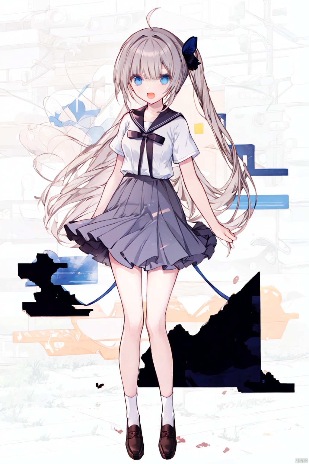 1girl,  solo,  long hair,  blue eyes,  loafers,  socks,  skirt,  bow,  very long hair,  shoes,  open mouth,  full body,  brown footwear,  ponytail, hand on hip,  smile,  belt,  school uniform,  blue socks,  ahoge,  short sleeves,  pleated skirt,  standing,  black socks,  breasts,  hair bow,  bangs,  sailor collar,  bowtie,  shirt,  hand on own chest,  ^_^,  white sailor collar,  kneehighs,  white shirt,  :d,  medium breasts,  facing viewer,  serafuku,  miniskirt,  grey hair,  blue skirt,  red bow,  black bow,  black skirt,
