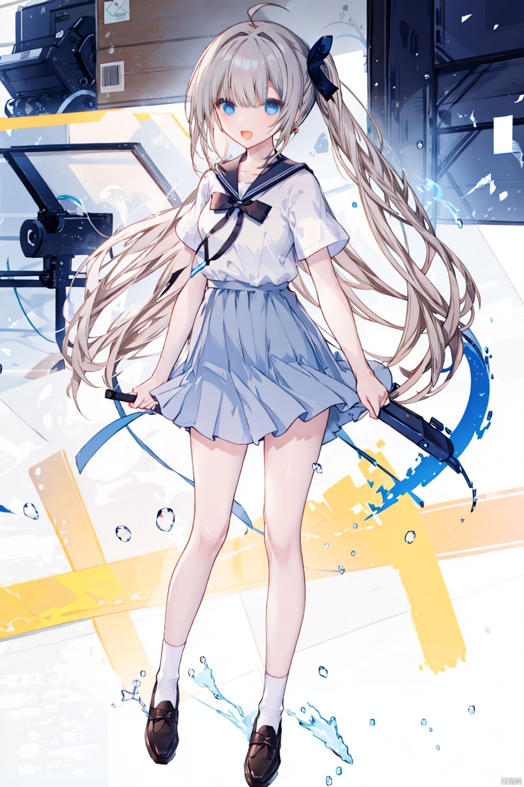 1girl,  solo,  long hair,  blue eyes,  loafers,  socks,  skirt,  bow,  very long hair,  shoes,  open mouth,  full body,  brown footwear,  ponytail, hand on hip,  smile,  belt,  school uniform,  blue socks,  ahoge,  short sleeves,  pleated skirt,  standing,  black socks,  breasts,  hair bow,  bangs,  sailor collar,  bowtie,  shirt,  hand on own chest,  ^_^,  white sailor collar,  kneehighs,  white shirt,  :d,  medium breasts,  facing viewer,  serafuku,  miniskirt,  grey hair,  blue skirt,  red bow,  black bow,  black skirt,