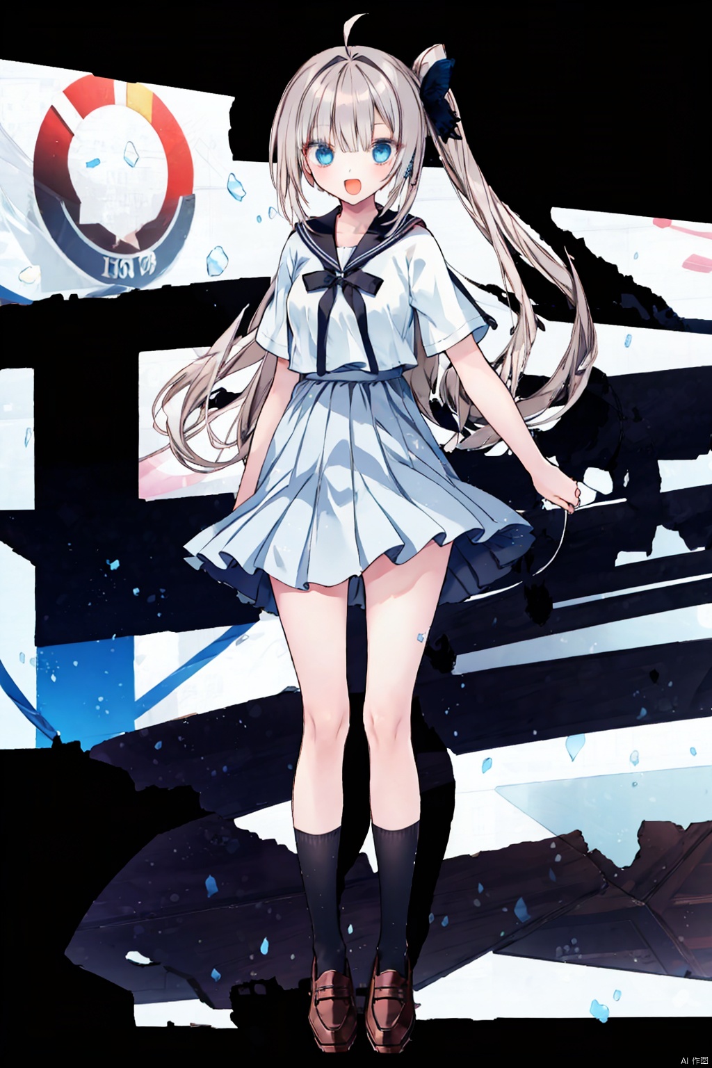 1girl,  solo,  long hair,  blue eyes,  loafers,  socks,  skirt,  bow,  very long hair,  shoes,  open mouth,  full body,  brown footwear,  ponytail, hand on hip,  smile,  belt,  school uniform,  blue socks,  ahoge,  short sleeves,  pleated skirt,  standing,  black socks,  breasts,  hair bow,  bangs,  sailor collar,  bowtie,  shirt,  hand on own chest,  ^_^,  white sailor collar,  kneehighs,  white shirt,  :d,  medium breasts,  facing viewer,  serafuku,  miniskirt,  grey hair,  blue skirt,  red bow,  black bow,  black skirt,